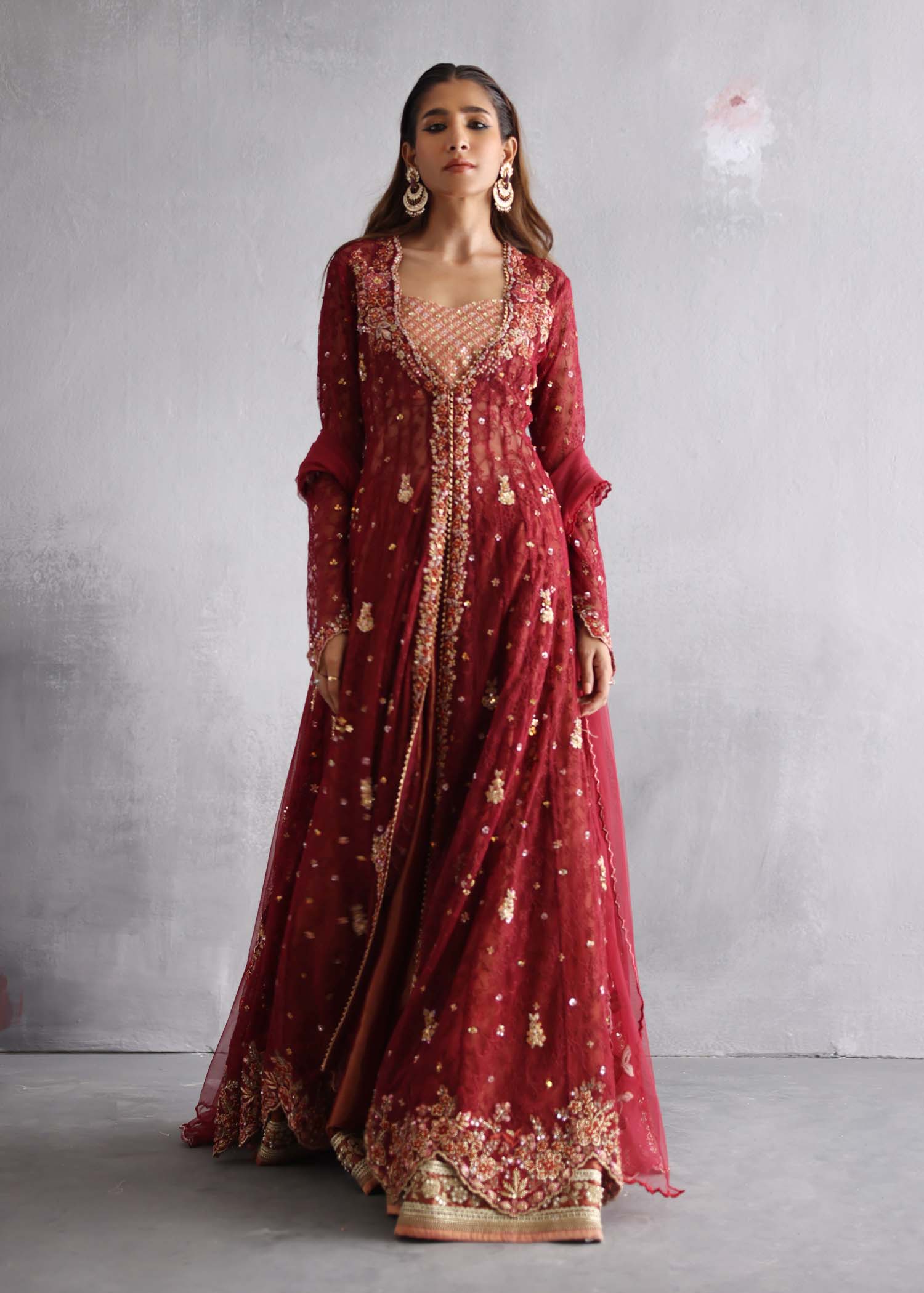 Scarlet Red Zardozi Chantelle Net Gown (3-Piece) - Image 4