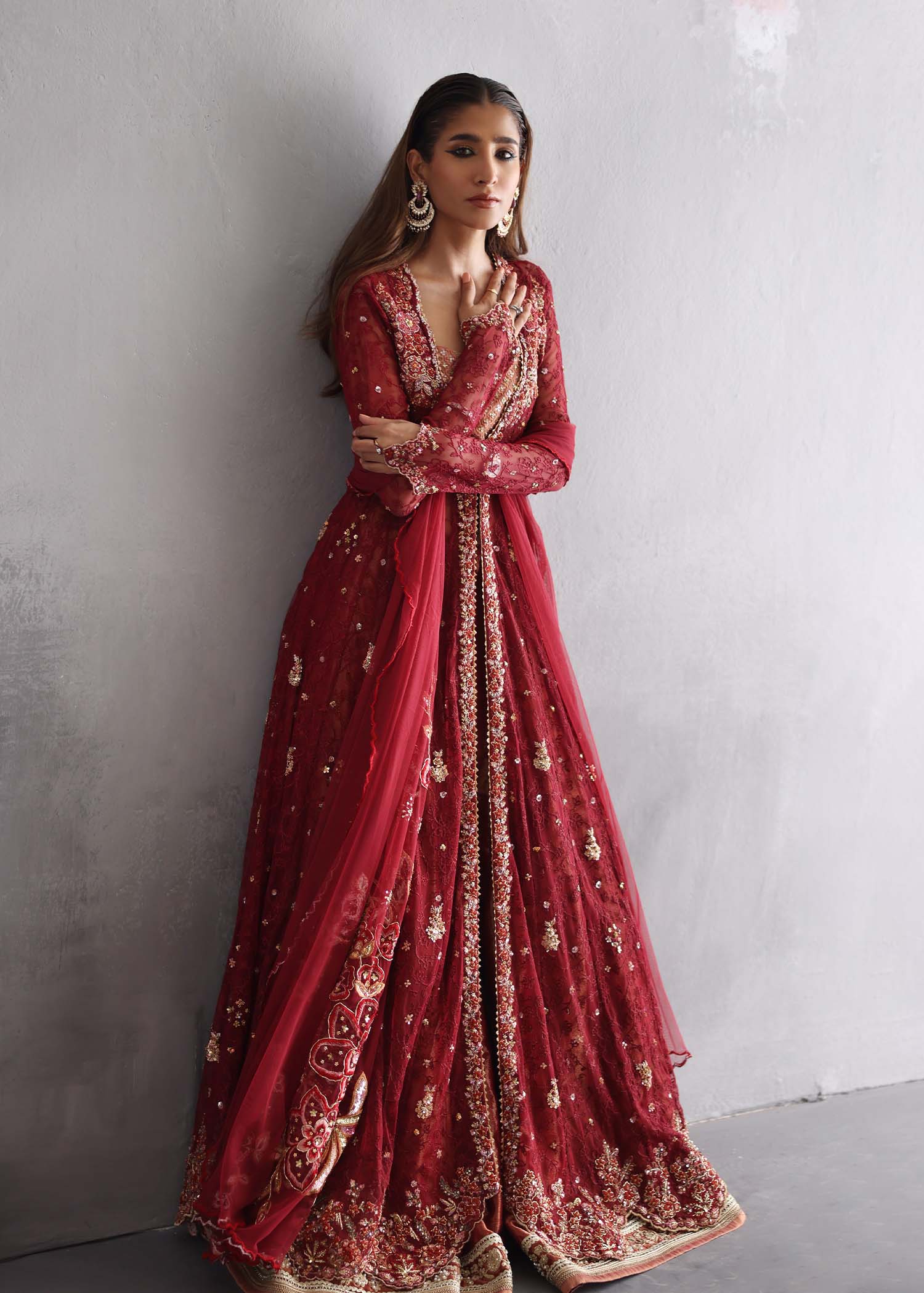 Scarlet Red Zardozi Chantelle Net Gown (3-Piece) - Image 5