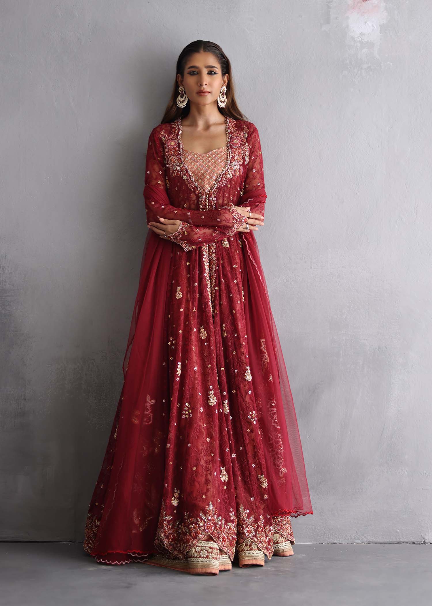 Scarlet Red Zardozi Chantelle Net Gown (3-Piece) - Image 6