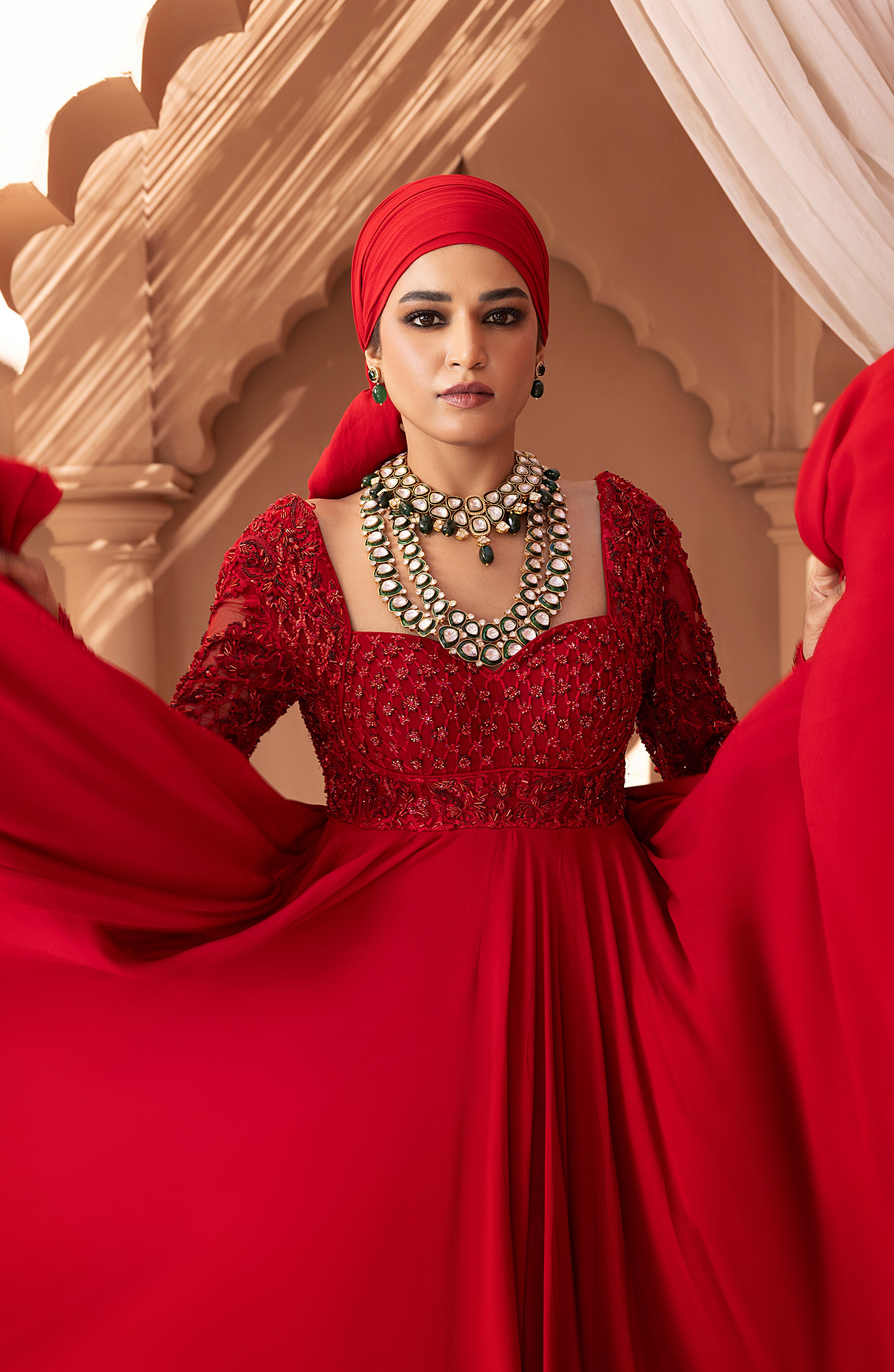 Crimson Red Embroidered Georgette Chiffon Gown (1-Pc) - Image 10