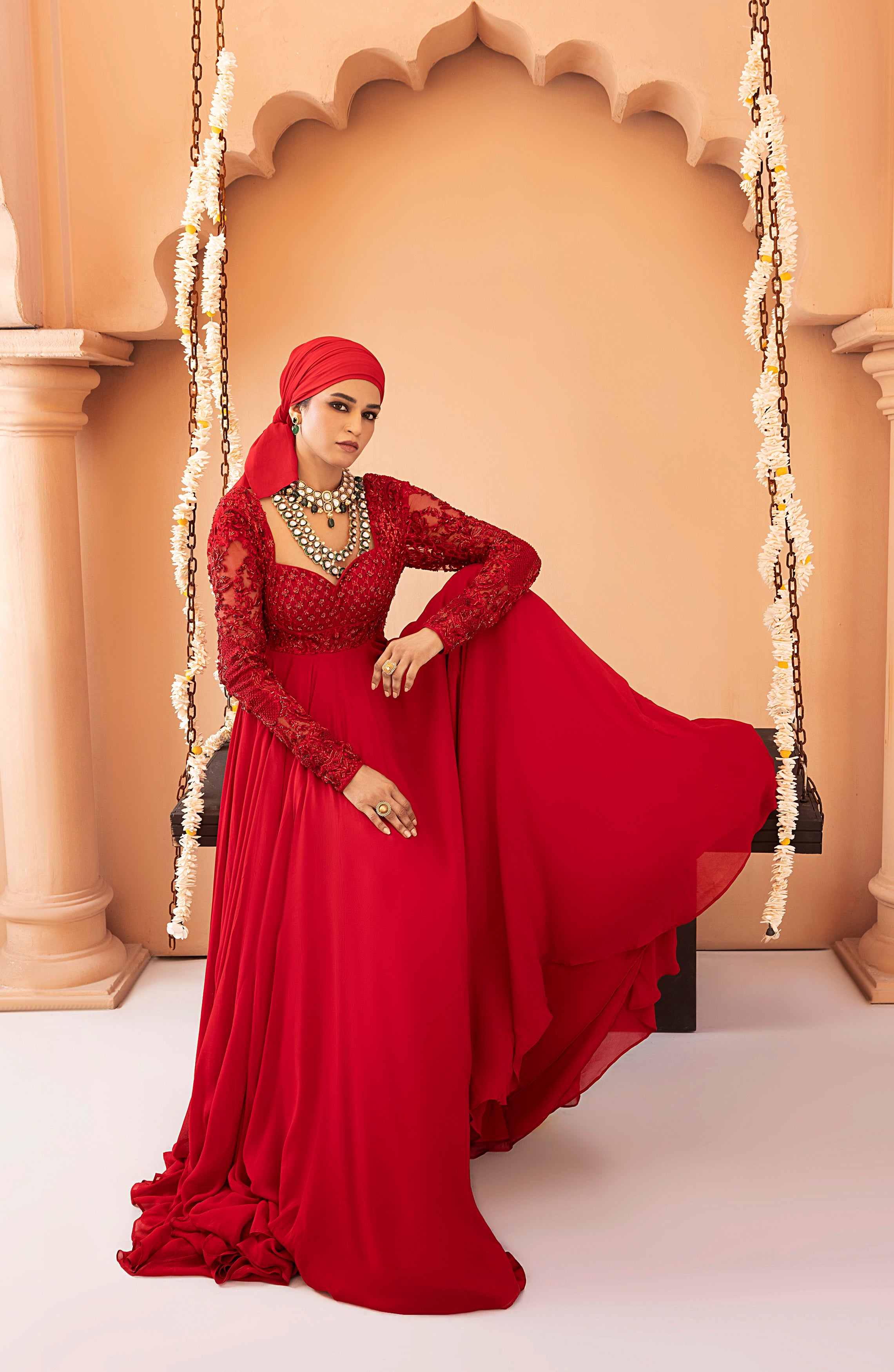 Crimson Red Embroidered Georgette Chiffon Gown (1-Pc) - Image 11