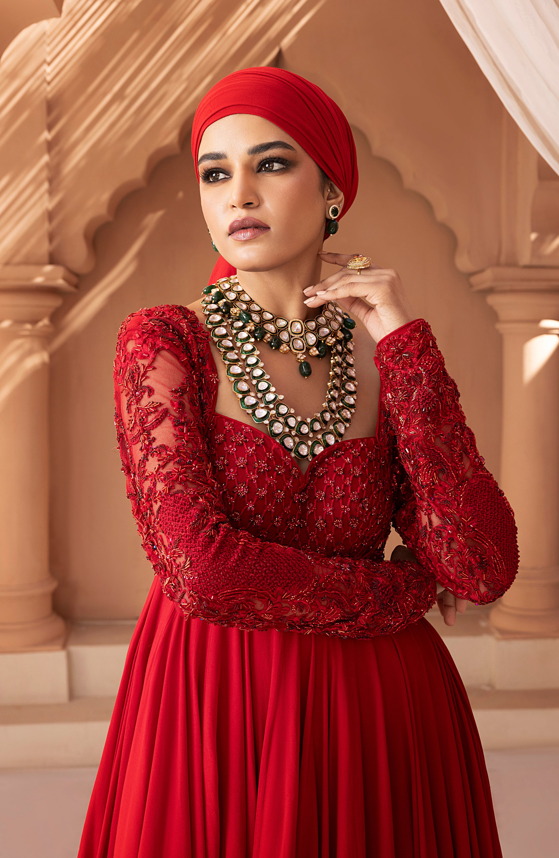 Crimson Red Embroidered Georgette Chiffon Gown (1-Pc) - Image 2