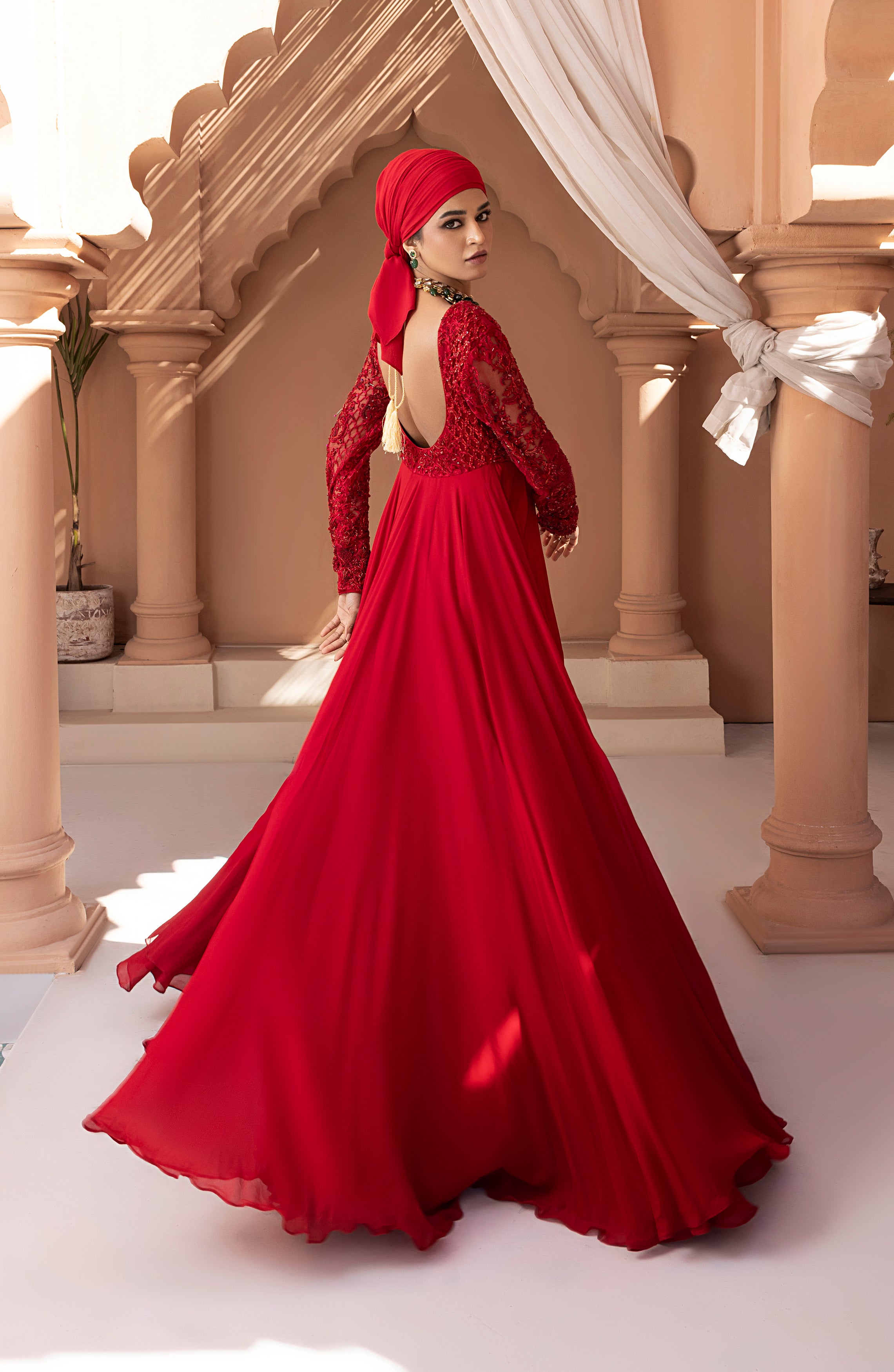 Crimson Red Embroidered Georgette Chiffon Gown (1-Pc) - Image 3