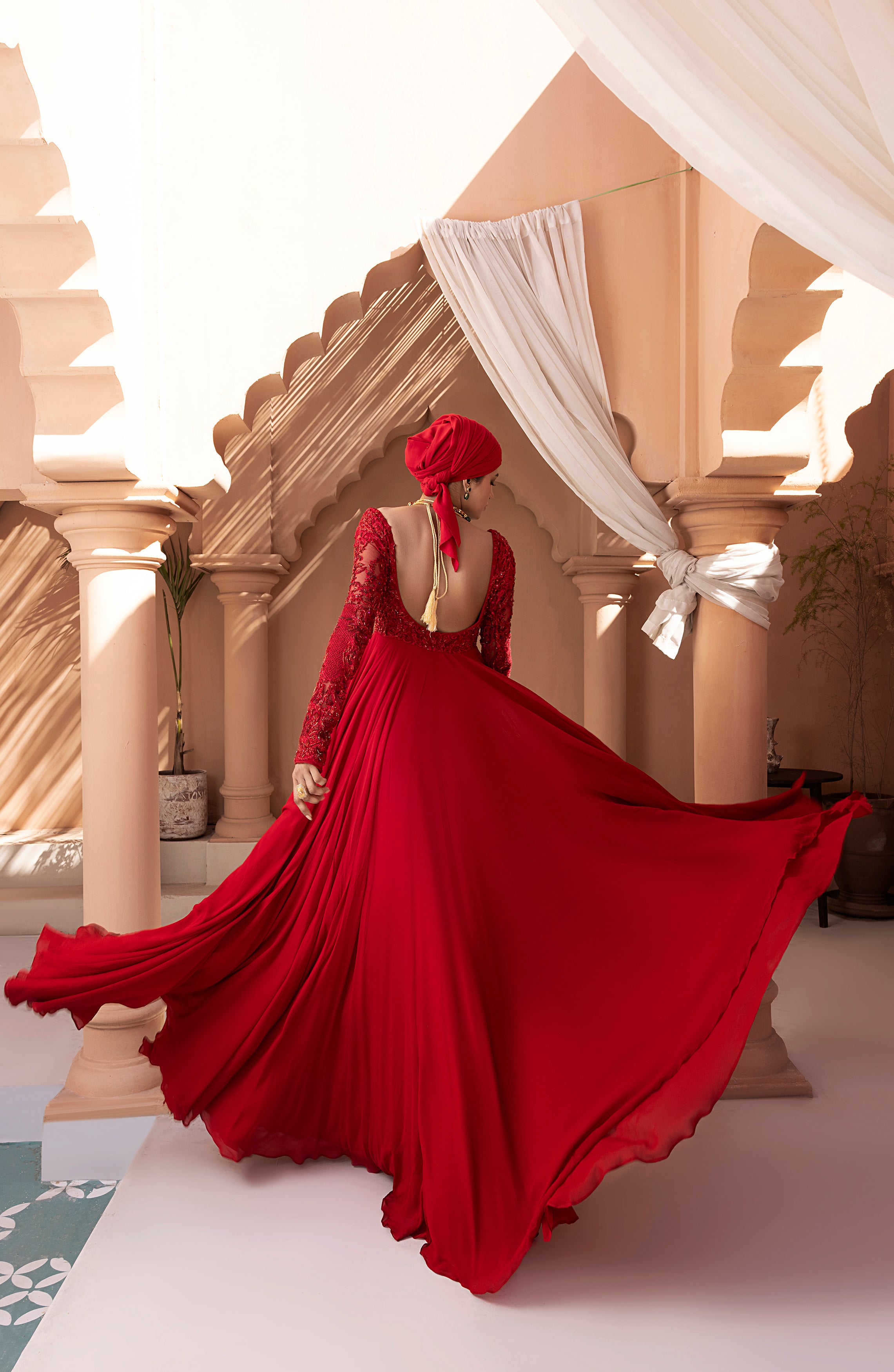 Crimson Red Embroidered Georgette Chiffon Gown (1-Pc) - Image 4