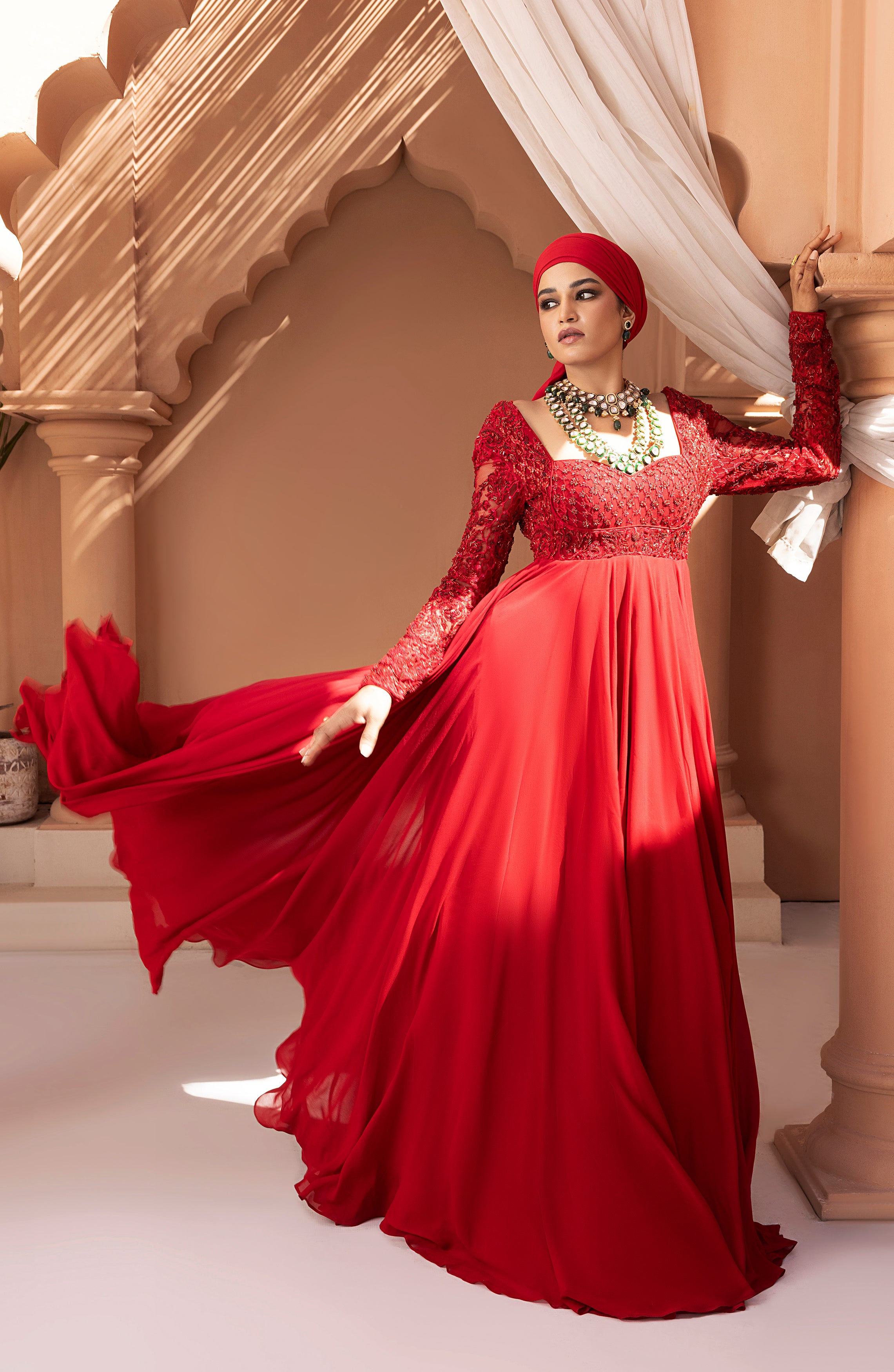 Crimson Red Embroidered Georgette Chiffon Gown (1-Pc) - Image 5