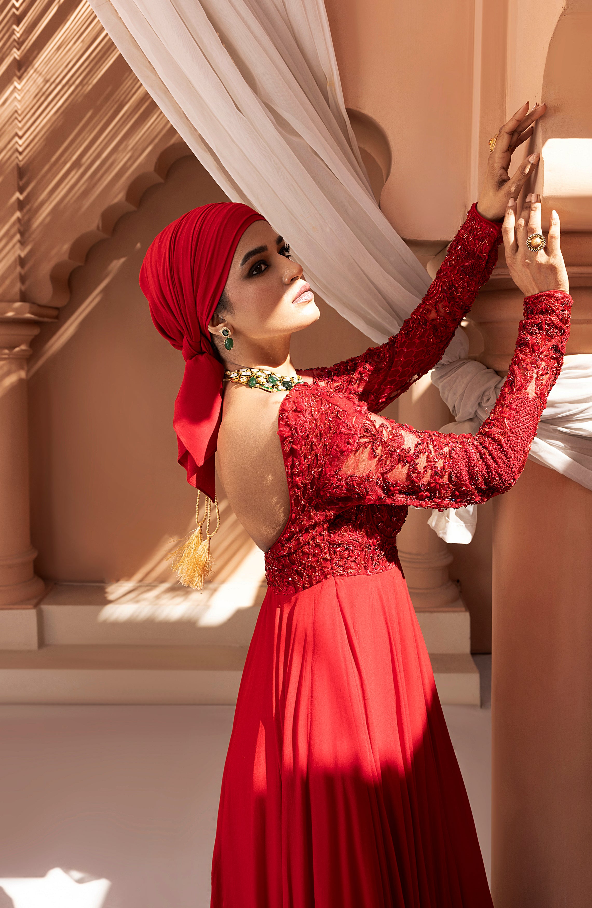 Crimson Red Embroidered Georgette Chiffon Gown (1-Pc) - Image 7