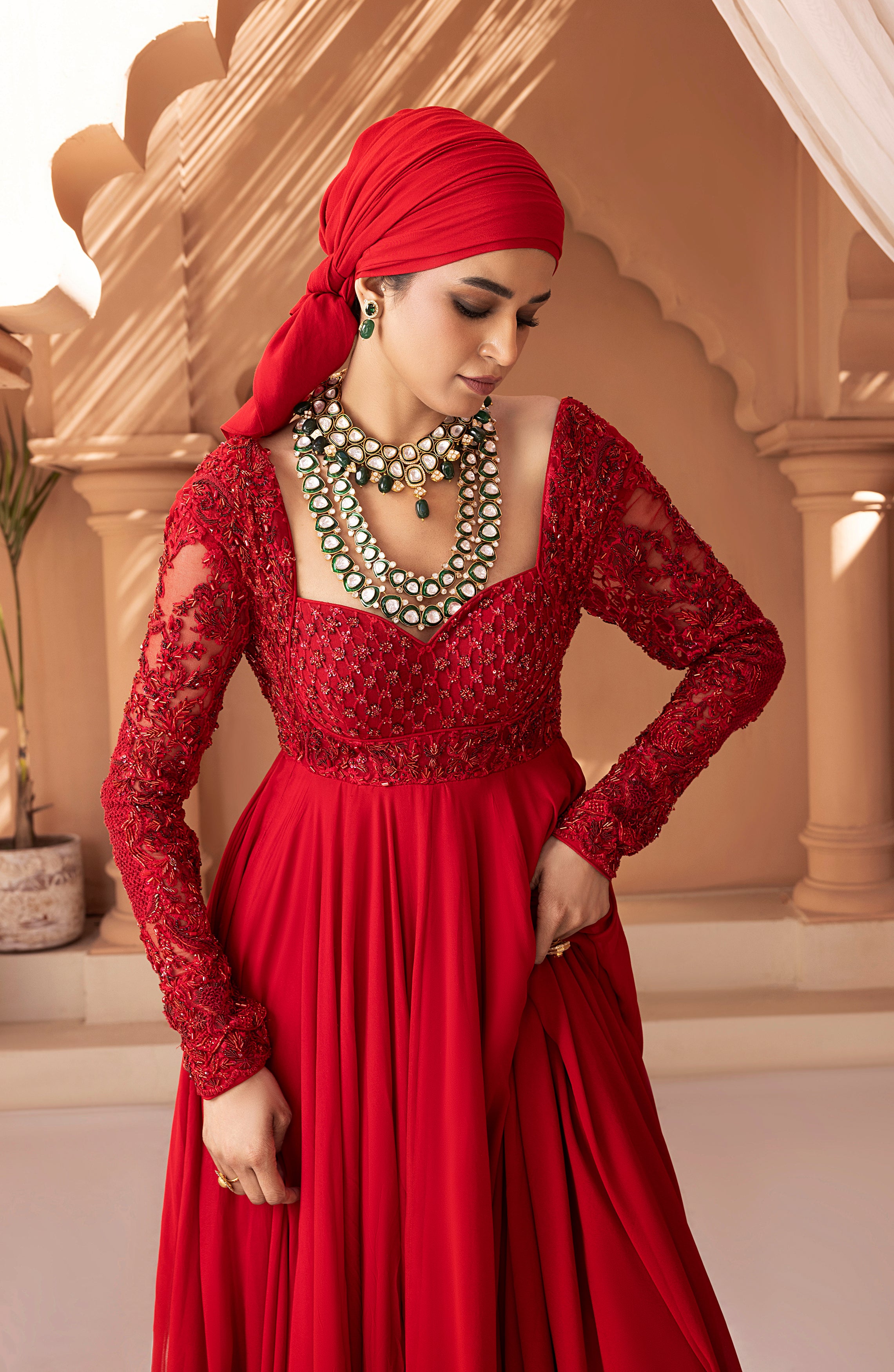 Crimson Red Embroidered Georgette Chiffon Gown (1-Pc) - Image 9