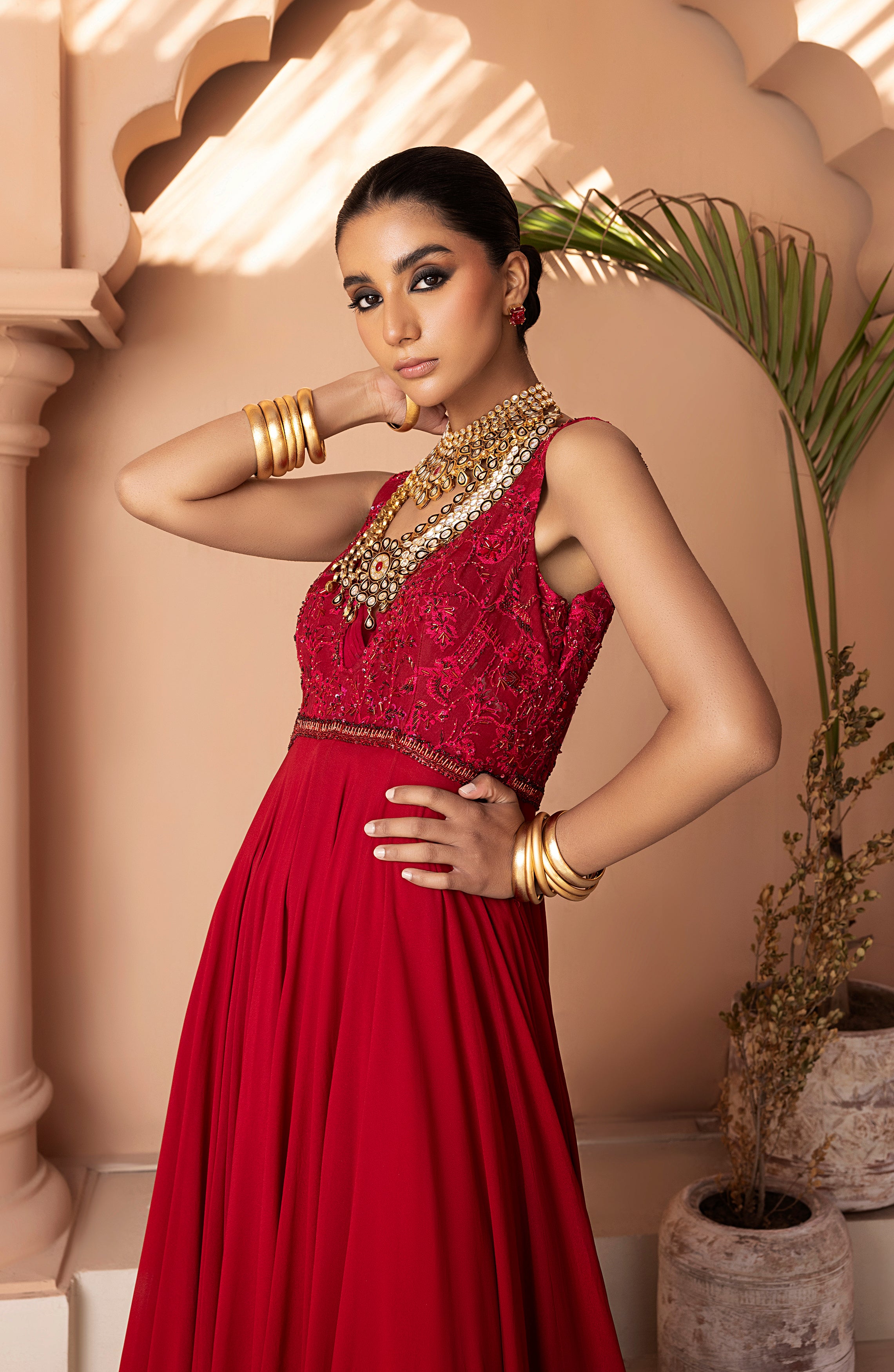 Pakistani Scarlet Red Embellished Georgette Gown (1-Pc) - Image 1