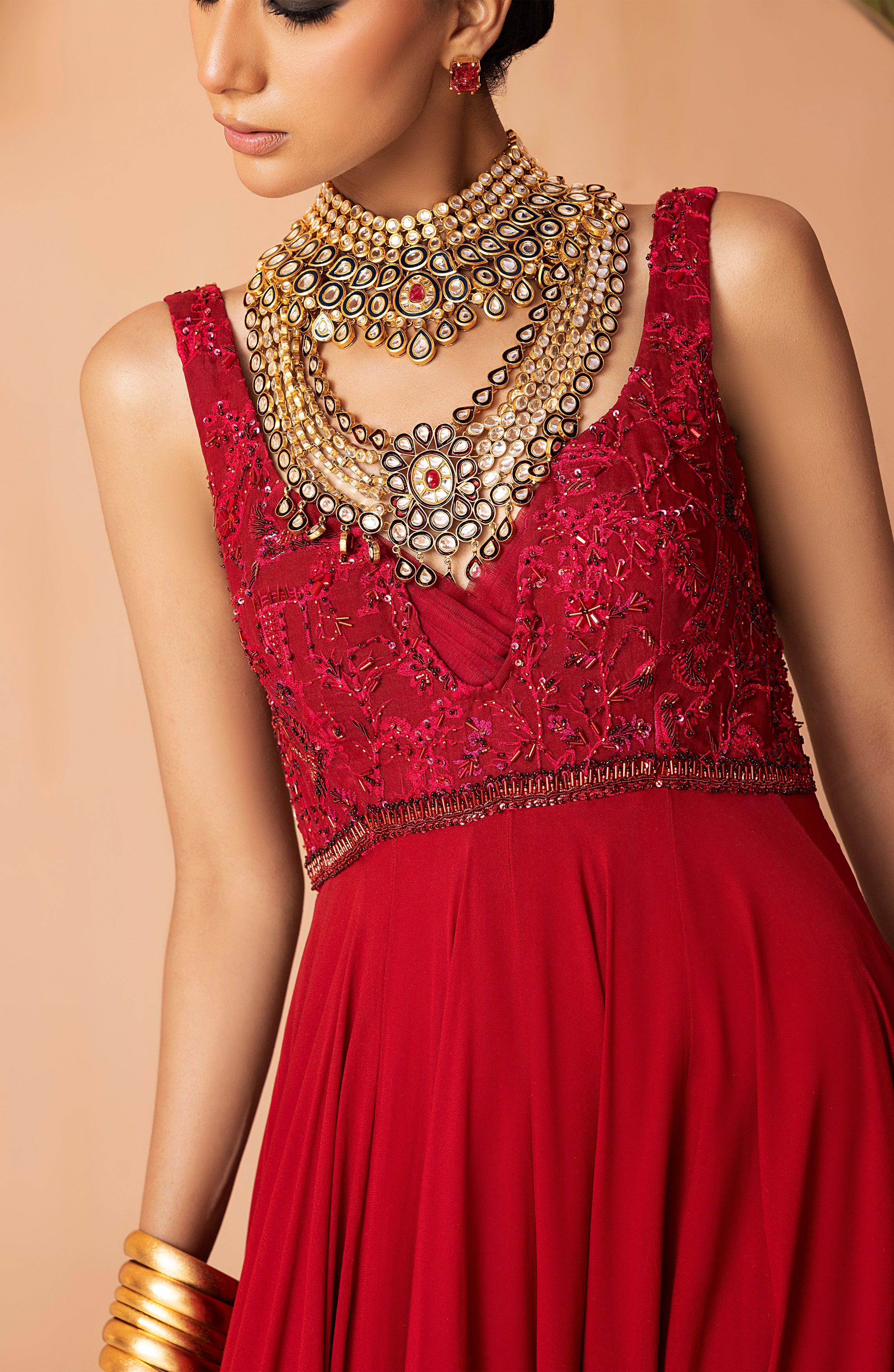 Pakistani Scarlet Red Embellished Georgette Gown (1-Pc) - Image 2