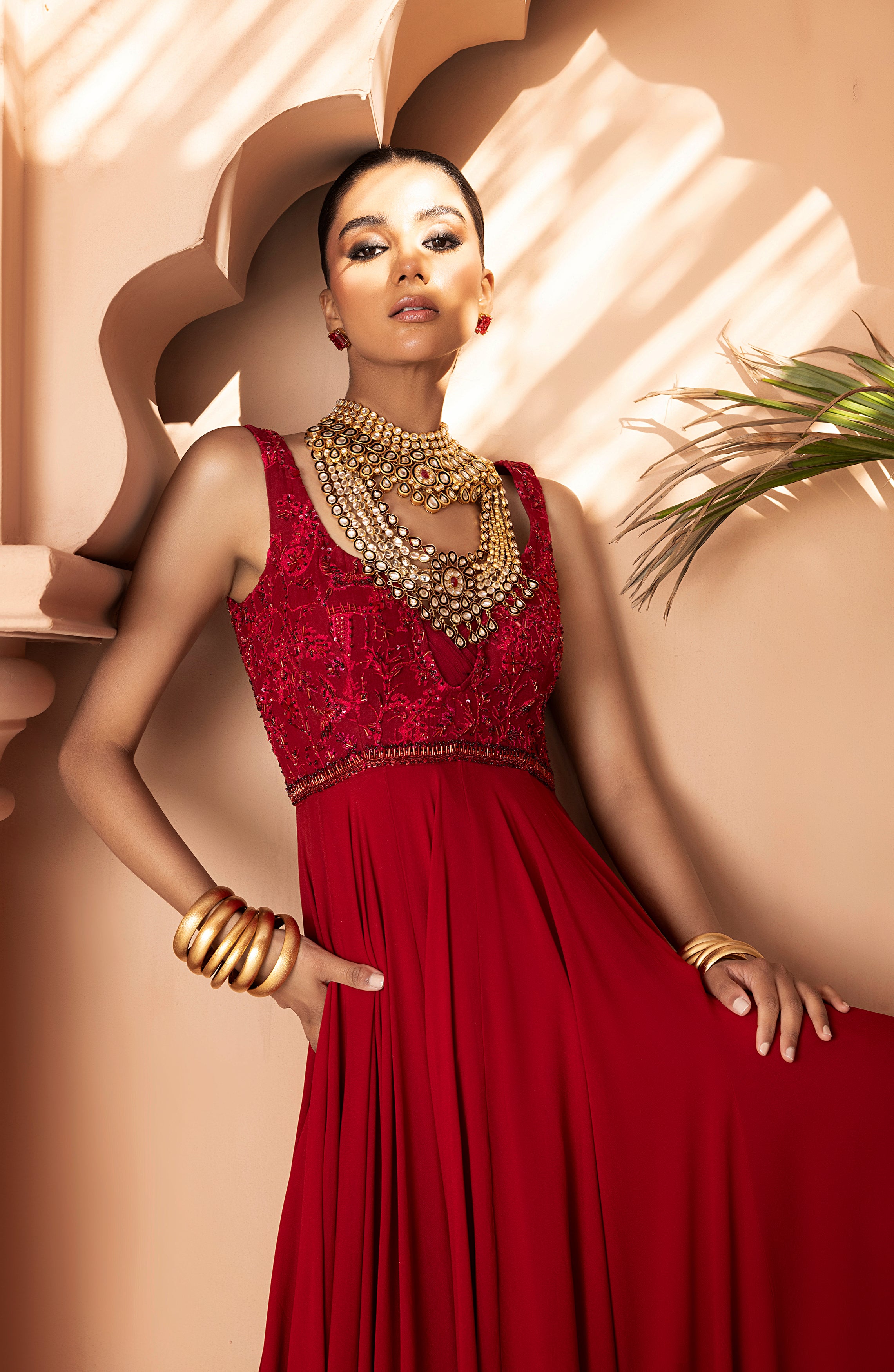 Pakistani Scarlet Red Embellished Georgette Gown (1-Pc) - Image 3