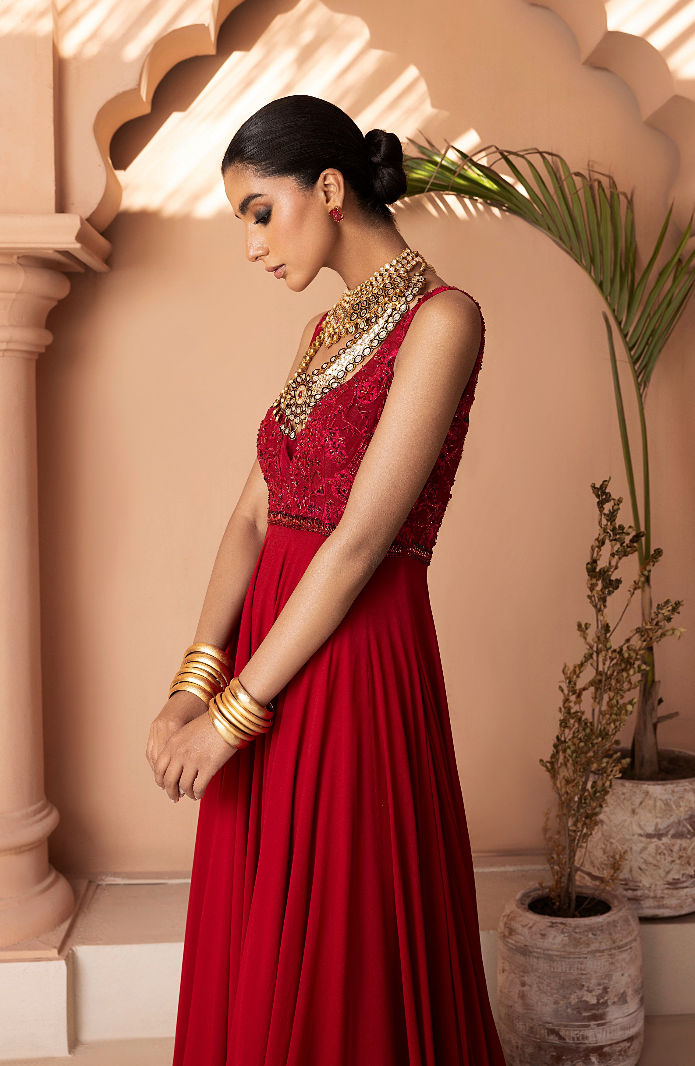 Pakistani Scarlet Red Embellished Georgette Gown (1-Pc) - Image 4
