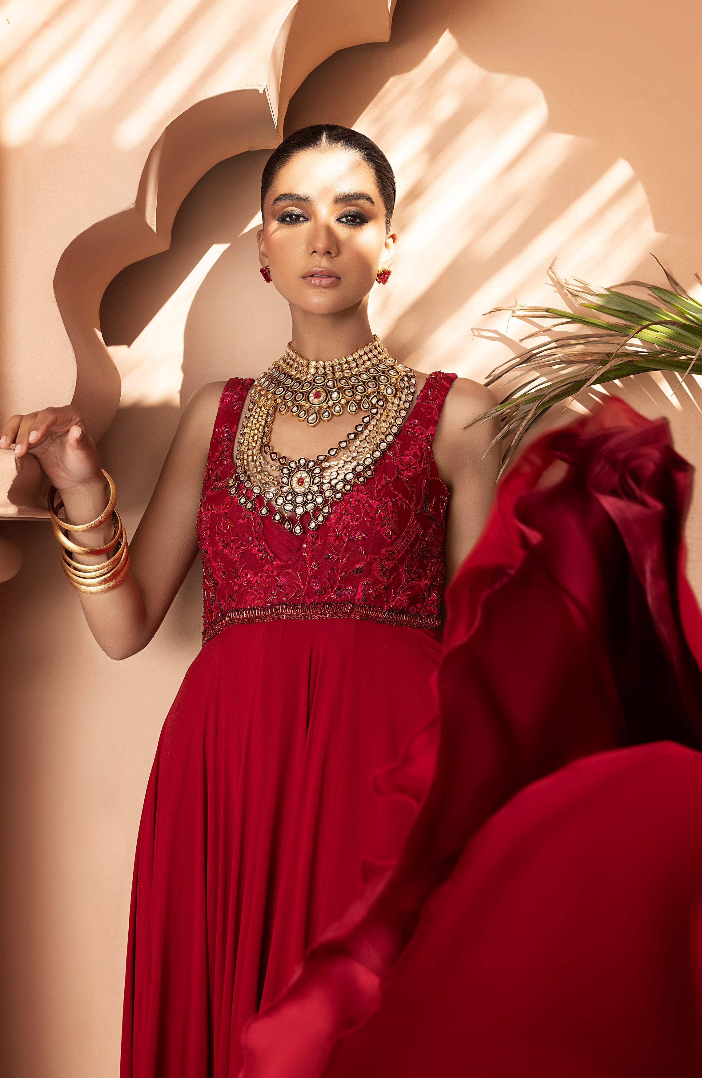 Pakistani Scarlet Red Embellished Georgette Gown (1-Pc) - Image 6