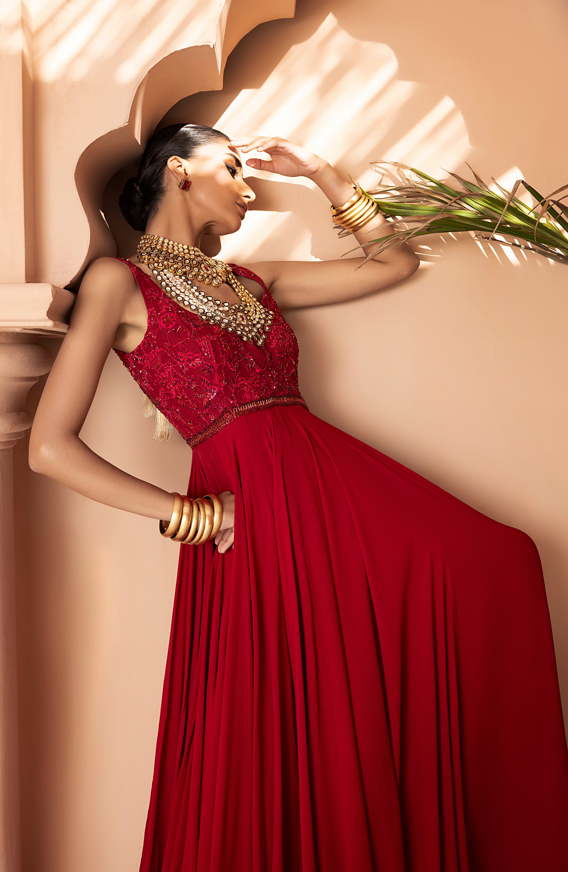 Pakistani Scarlet Red Embellished Georgette Gown (1-Pc) - Image 7