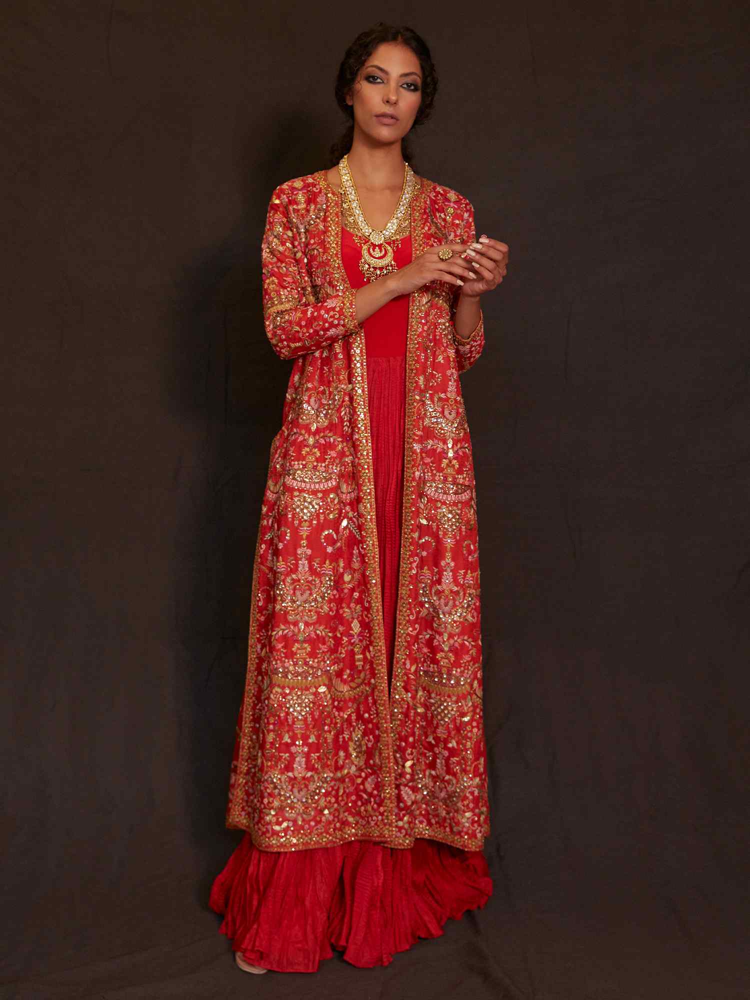 Red Zardozi Embroidered Jamawar & Silk Gown (2-Piece) - Image 1