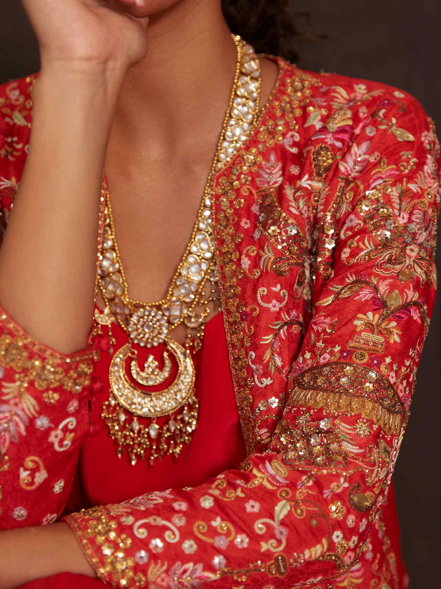 Red Zardozi Embroidered Jamawar & Silk Gown (2-Piece) - Image 2