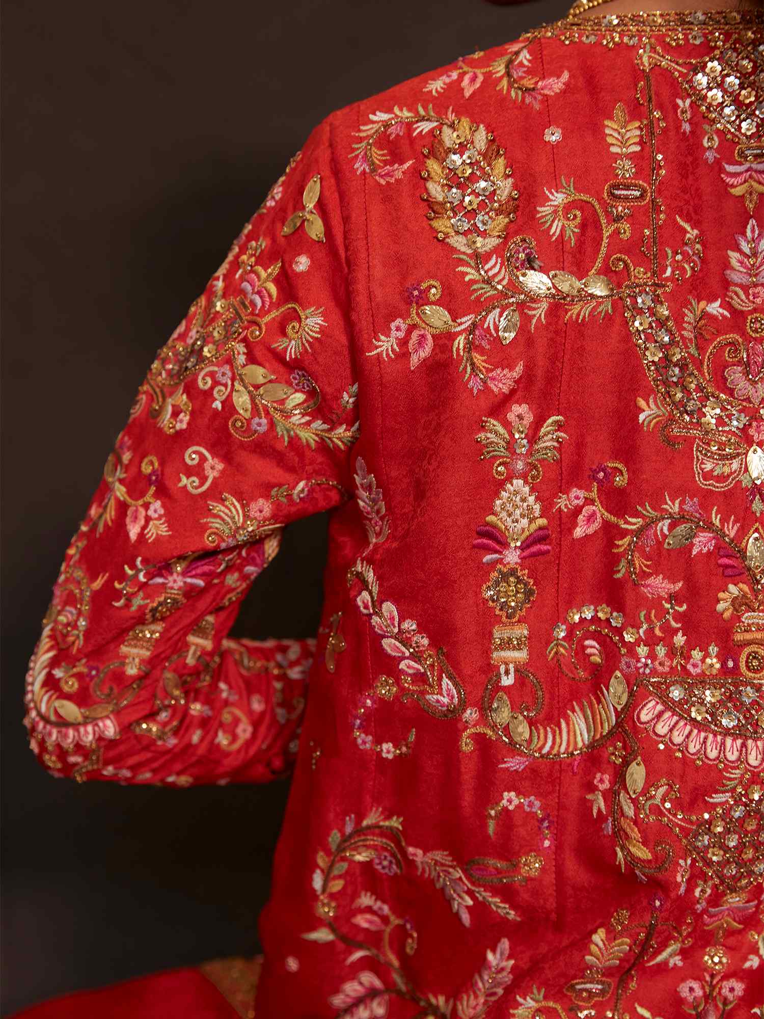 Red Zardozi Embroidered Jamawar & Silk Gown (2-Piece) - Image 3