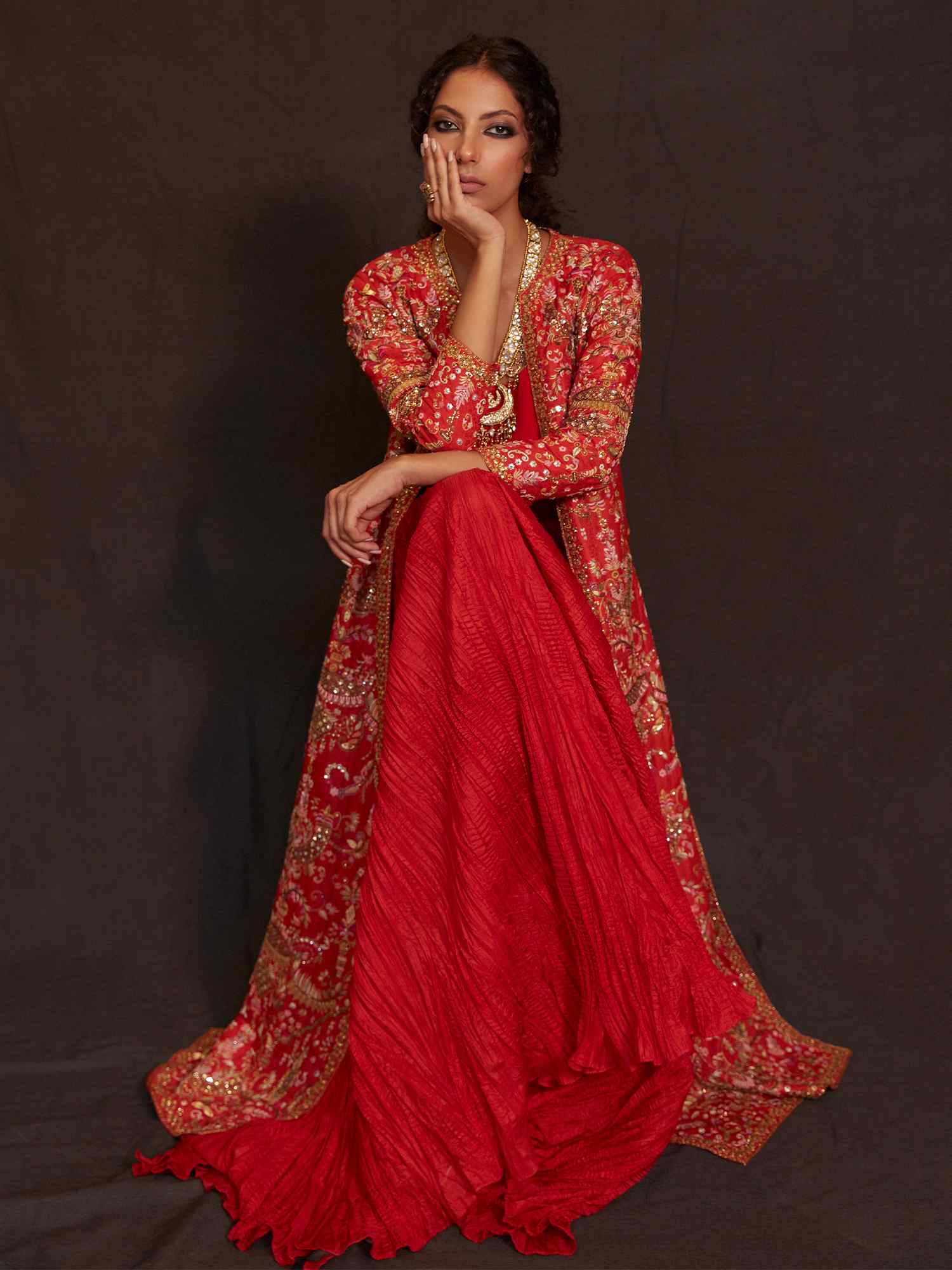 Red Zardozi Embroidered Jamawar & Silk Gown (2-Piece) - Image 4