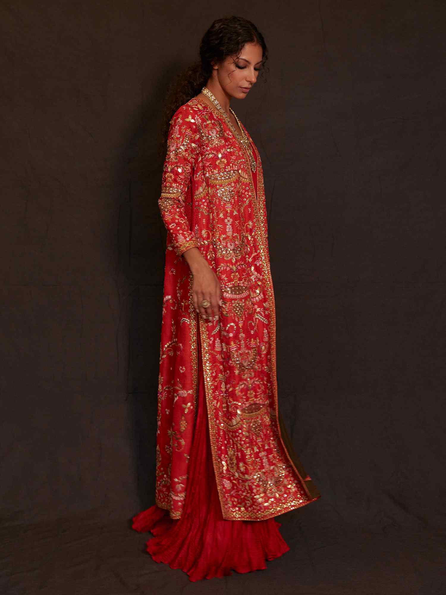 Red Zardozi Embroidered Jamawar & Silk Gown (2-Piece) - Image 5