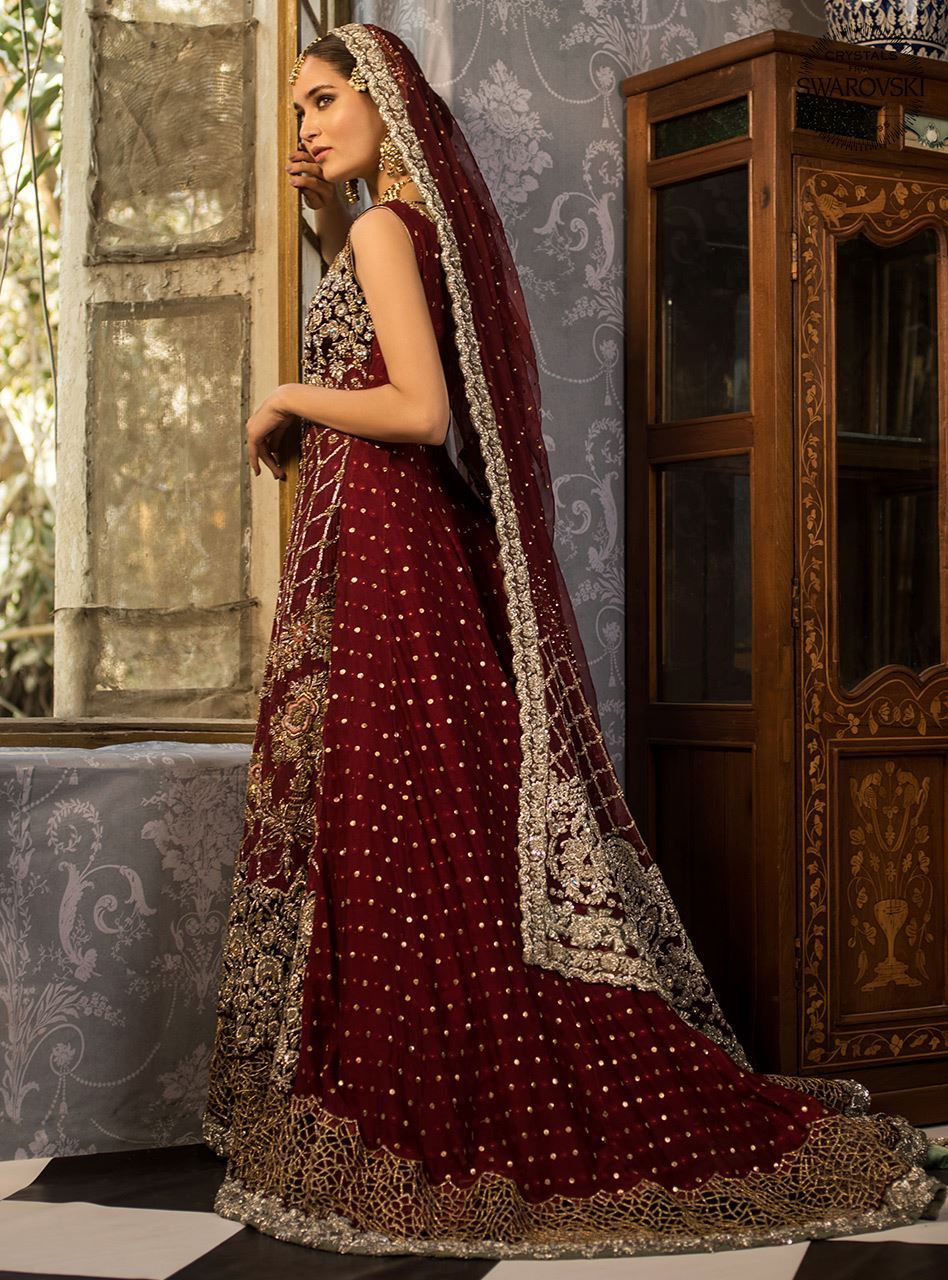 Pakistani Deep Rubellite Embellished Khaadi Net Bridal Gown (2-Piece) - Image 3