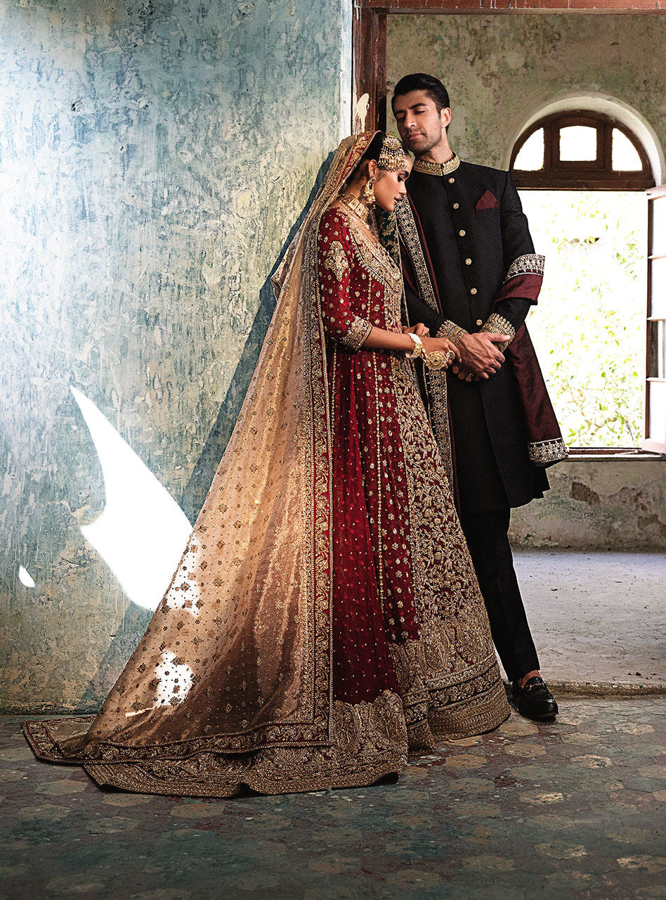 Deep Red Embroidered Khaadi Net Bridal Gown (3-Piece) - Image 12