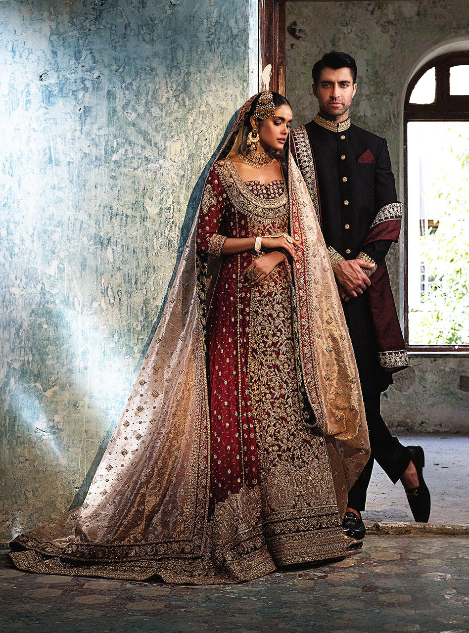 Deep Red Embroidered Khaadi Net Bridal Gown (3-Piece) - Image 14