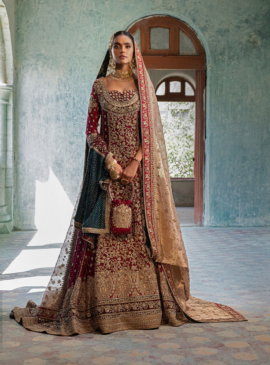 Deep Red Embroidered Khaadi Net Bridal Gown (3-Piece) - Image 4