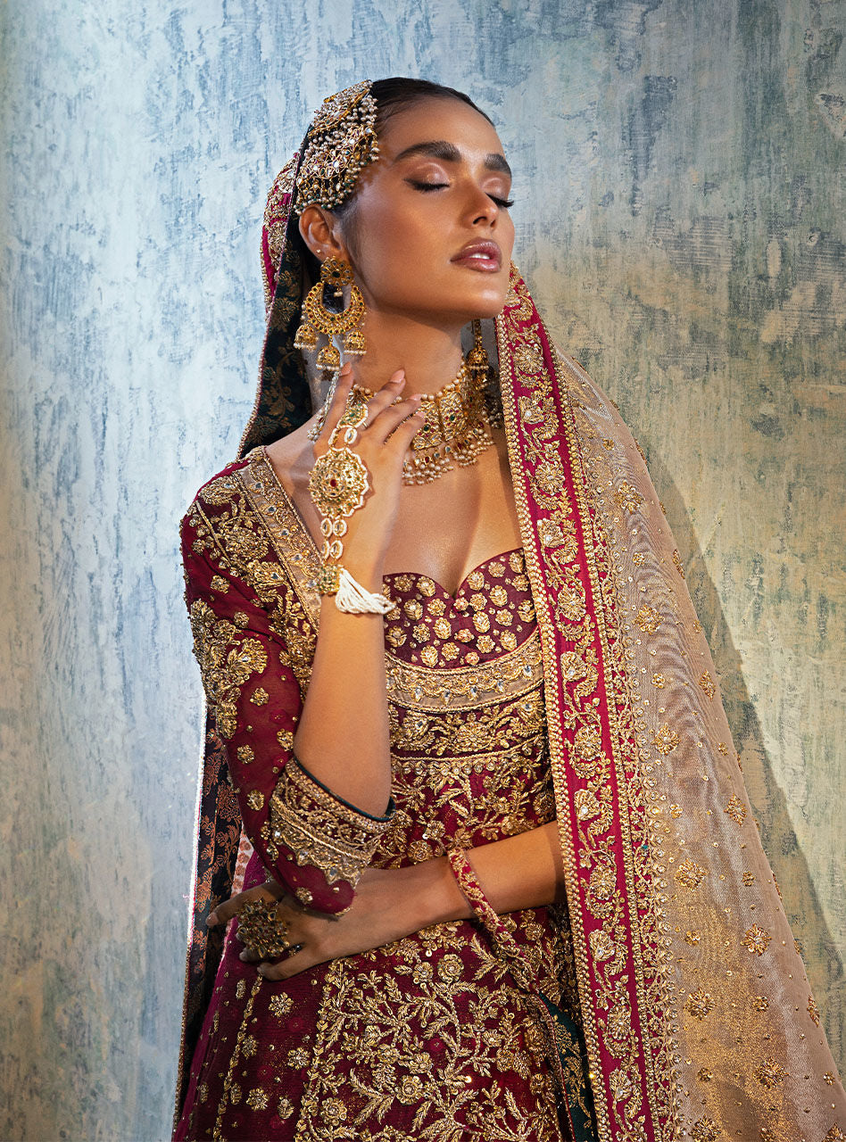 Deep Red Embroidered Khaadi Net Bridal Gown (3-Piece) - Image 5