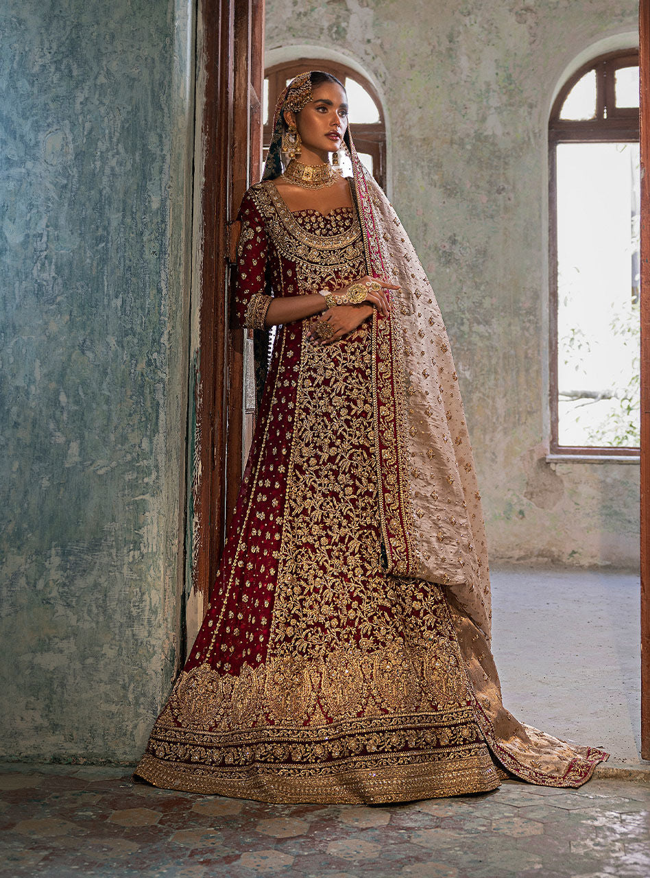 Deep Red Embroidered Khaadi Net Bridal Gown (3-Piece) - Image 6