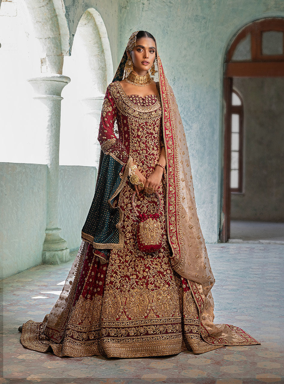 Deep Red Embroidered Khaadi Net Bridal Gown (3-Piece) - Image 7