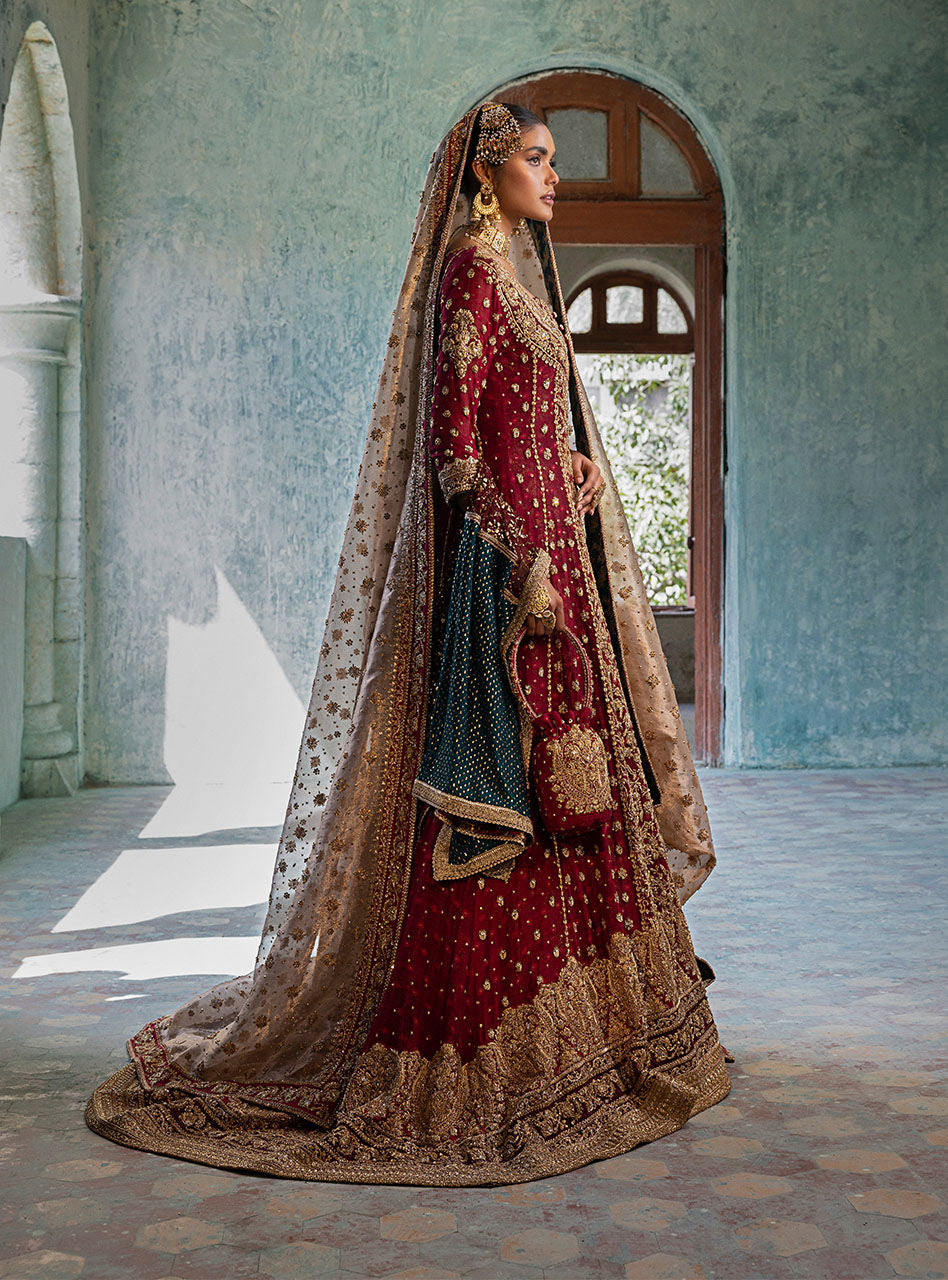 Deep Red Embroidered Khaadi Net Bridal Gown (3-Piece) - Image 8