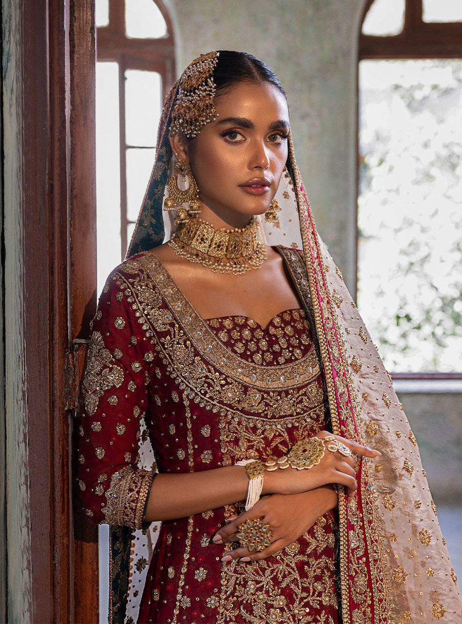 Deep Red Embroidered Khaadi Net Bridal Gown (3-Piece) - Image 9