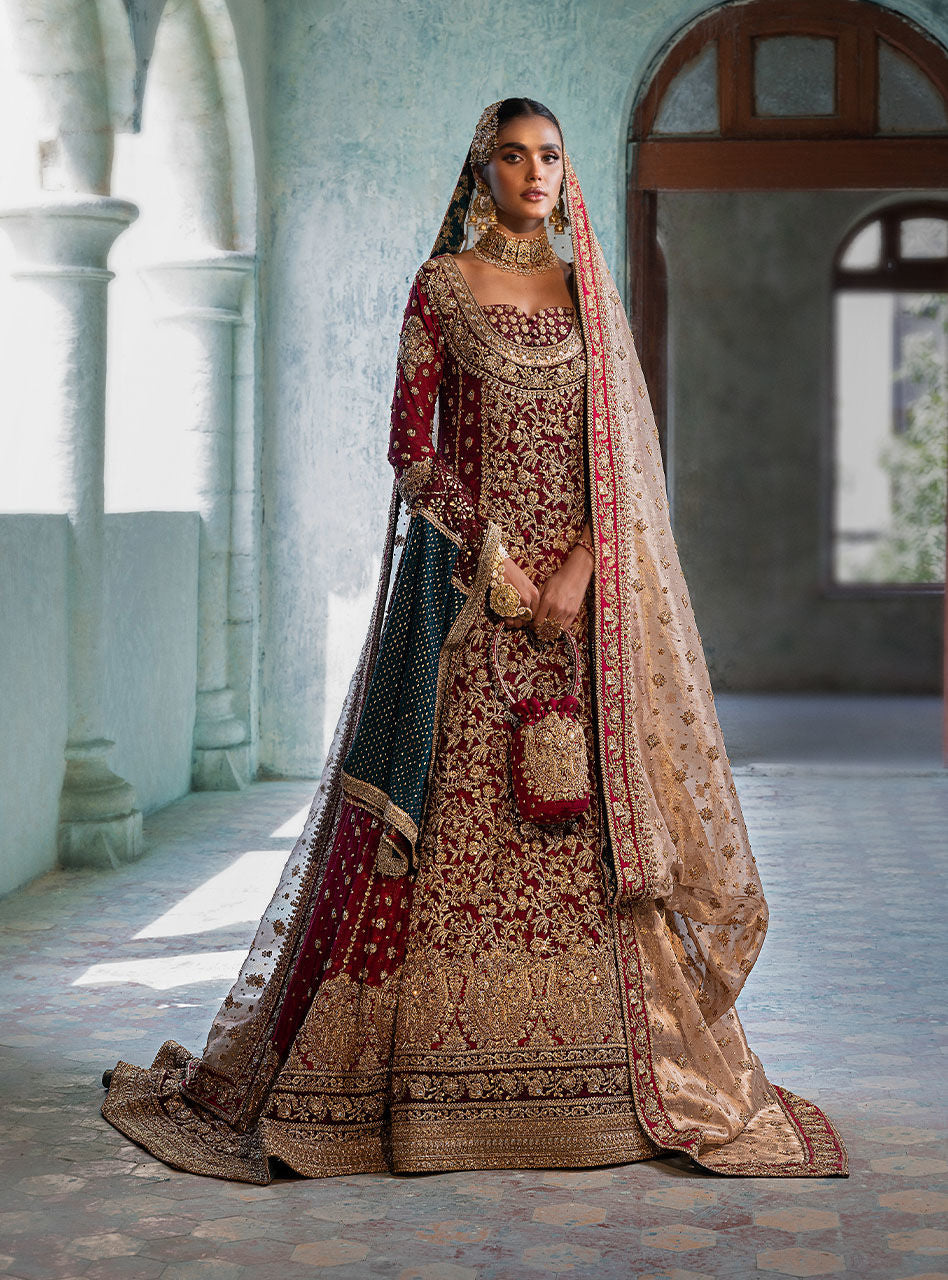 Pakistani Deep Red Embroidered Khaadi Net Bridal Gown (3-Piece) - Image 1
