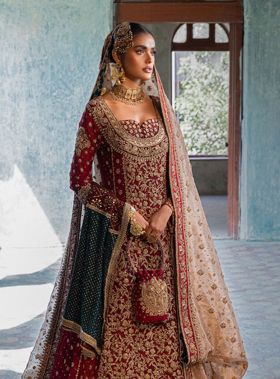 Pakistani Deep Red Embroidered Khaadi Net Bridal Gown (3-Piece) - Image 10