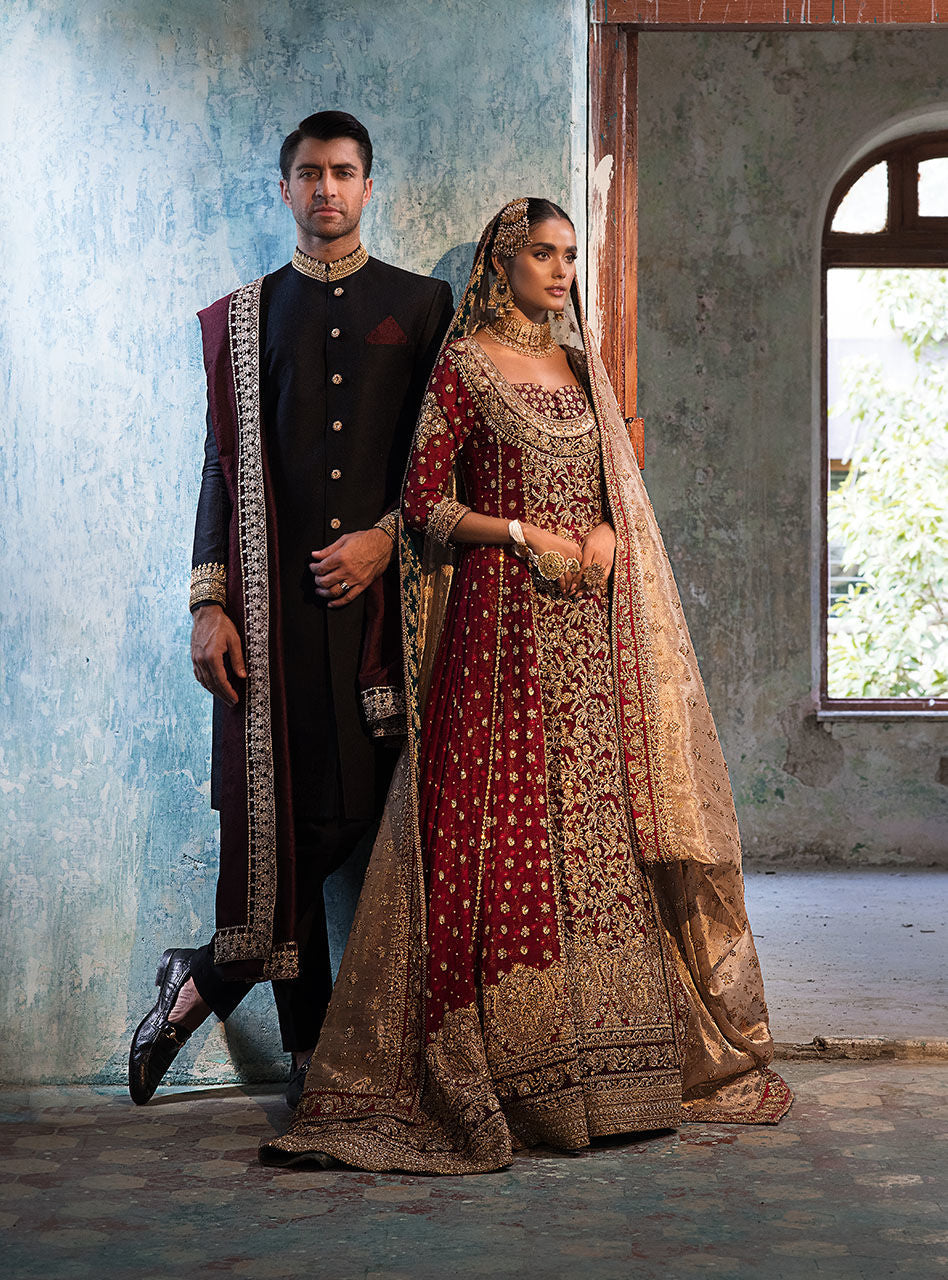 Pakistani Deep Red Embroidered Khaadi Net Bridal Gown (3-Piece) - Image 14