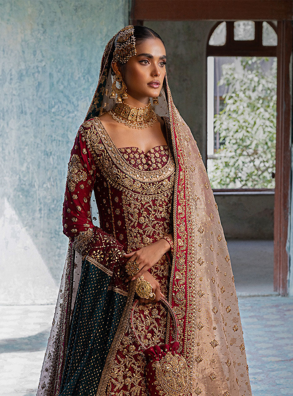 Pakistani Deep Red Embroidered Khaadi Net Bridal Gown (3-Piece) - Image 2