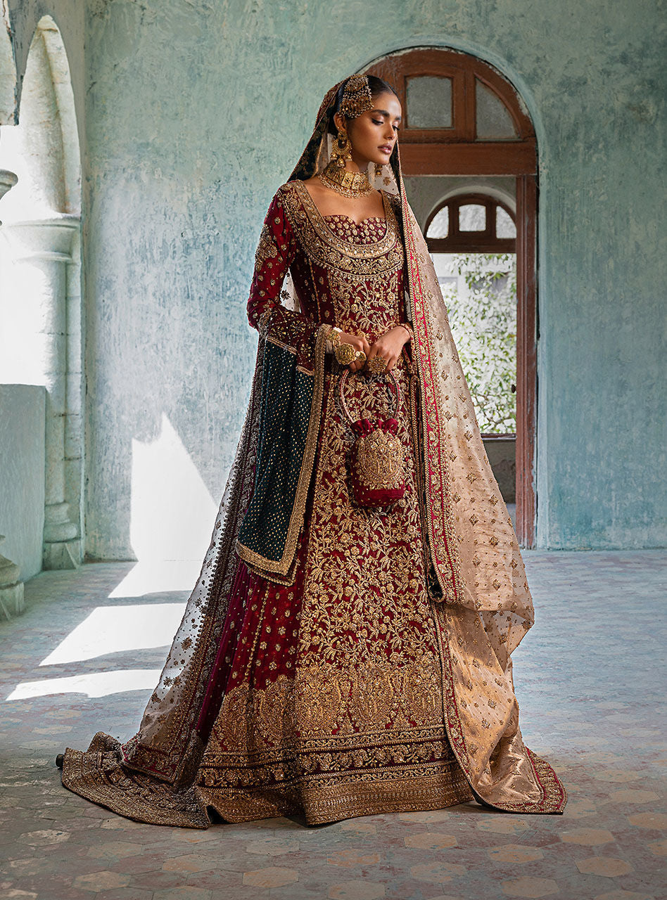 Pakistani Deep Red Embroidered Khaadi Net Bridal Gown (3-Piece) - Image 8