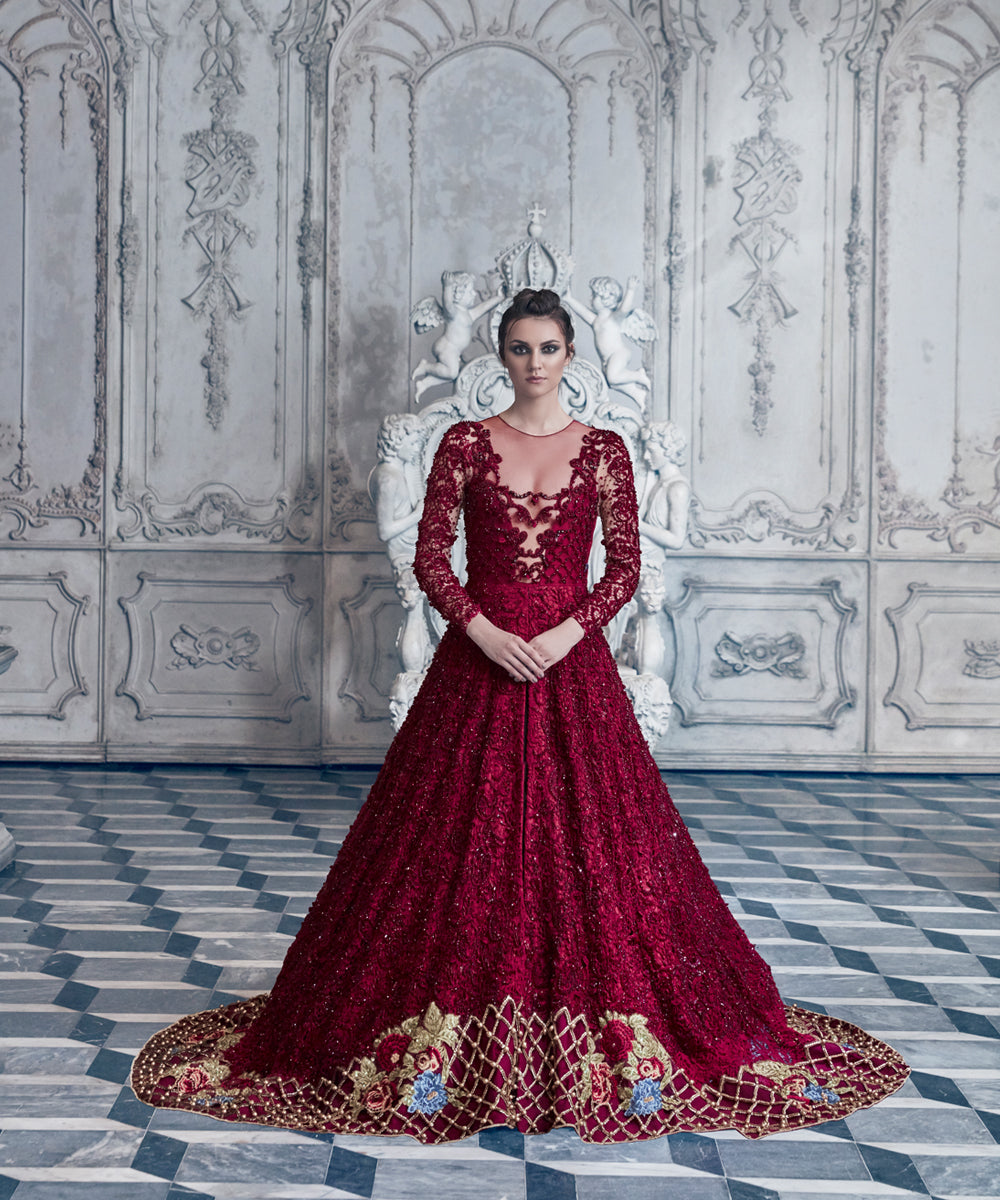 Deep Red Bullion Threadwork Net Gown (1-Pc) - Image 1