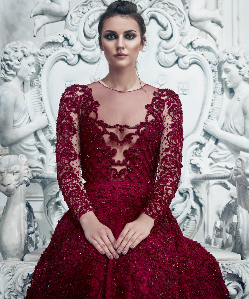 Deep Red Bullion Threadwork Net Gown (1-Pc) - Image 2