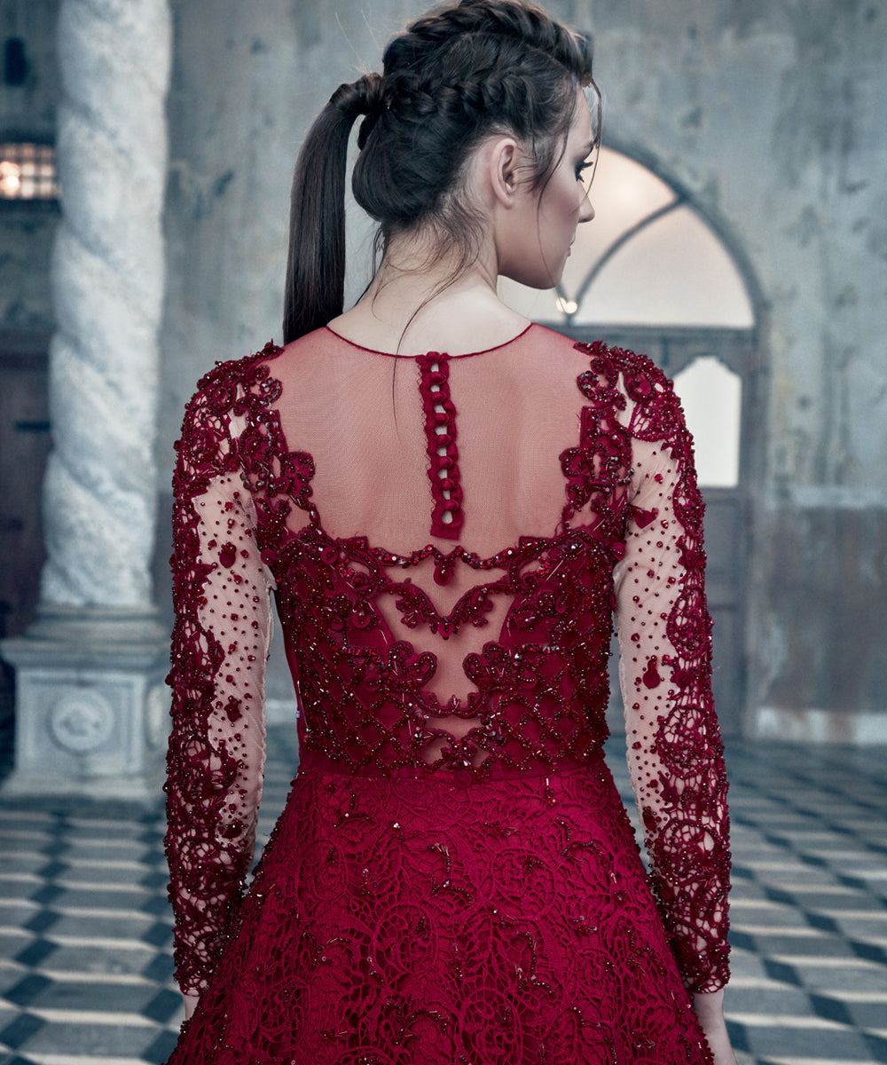 Deep Red Bullion Threadwork Net Gown (1-Pc) - Image 3
