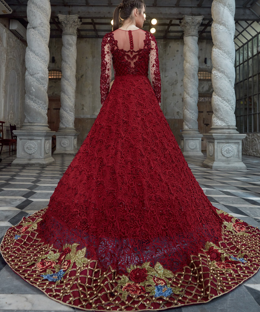 Deep Red Bullion Threadwork Net Gown (1-Pc) - Image 4