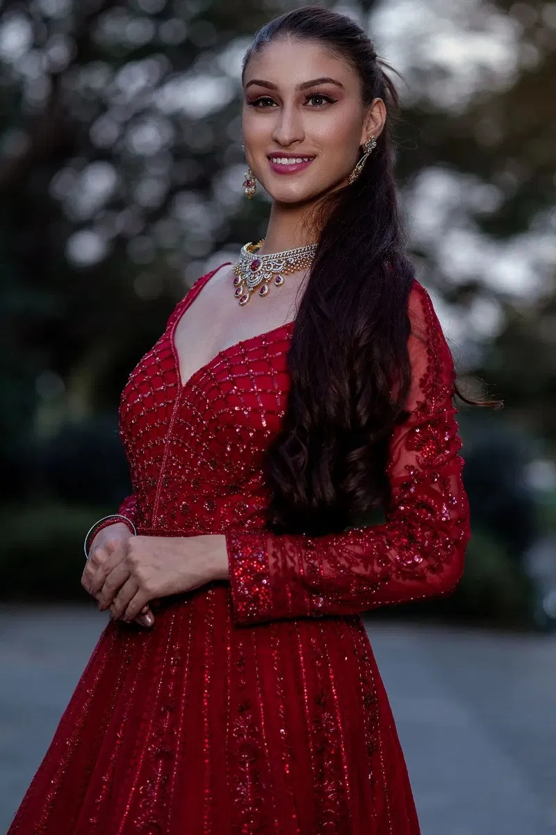 Desire Red Embroidered Net Bridal Gown (1-Pc) - Image 2