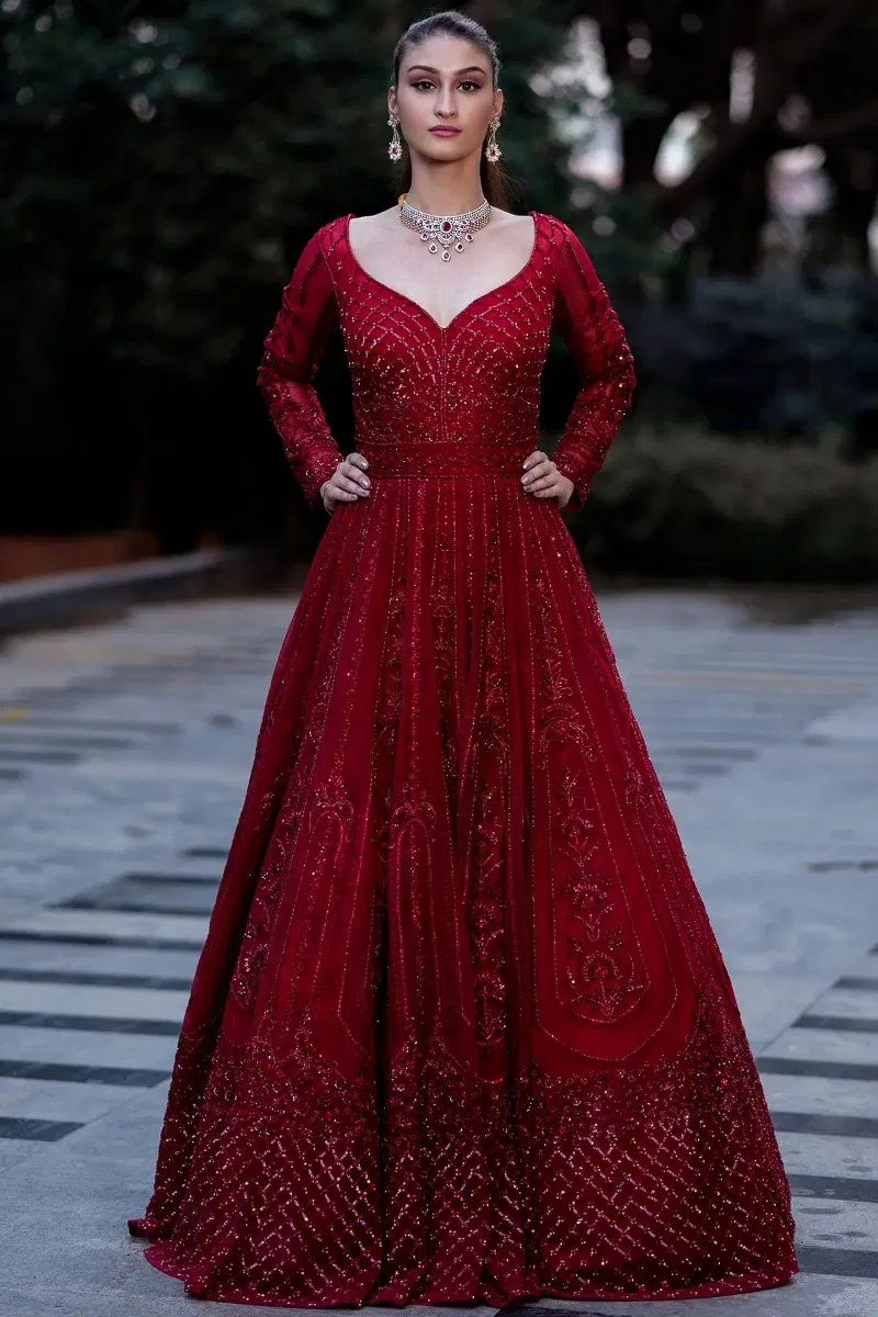 Desire Red Embroidered Net Bridal Gown (1-Pc) - Image 3