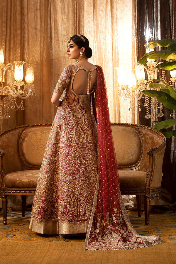 Deep Red Embellished Net Bridal Gown (3-Piece) - Image 2