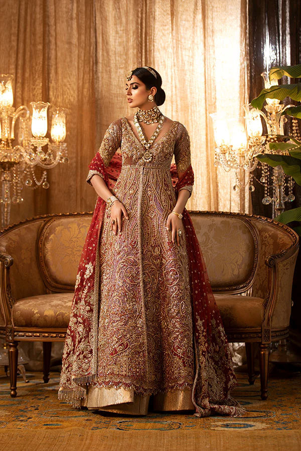 Deep Red Embellished Net Bridal Gown (3-Piece) - Image 3