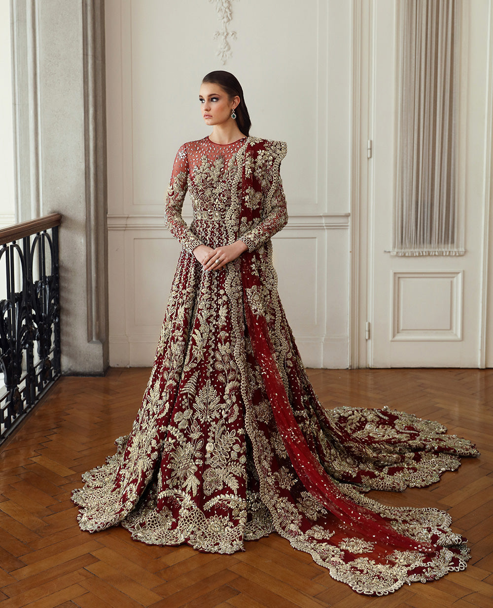 Pakistani Deep Red Embellished Net Bridal Gown (2-Piece) - Image 1