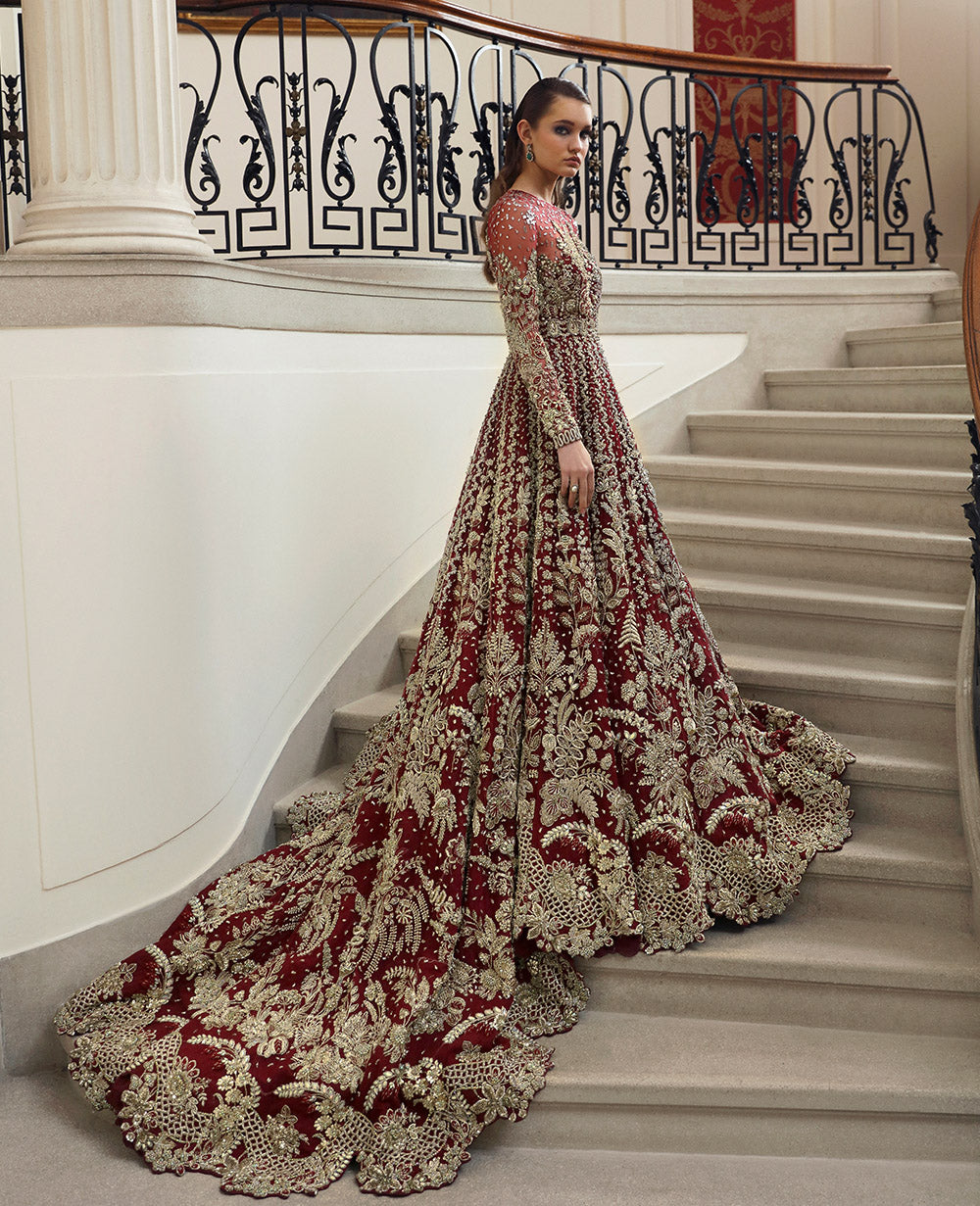 Pakistani Deep Red Embellished Net Bridal Gown (2-Piece) - Image 3