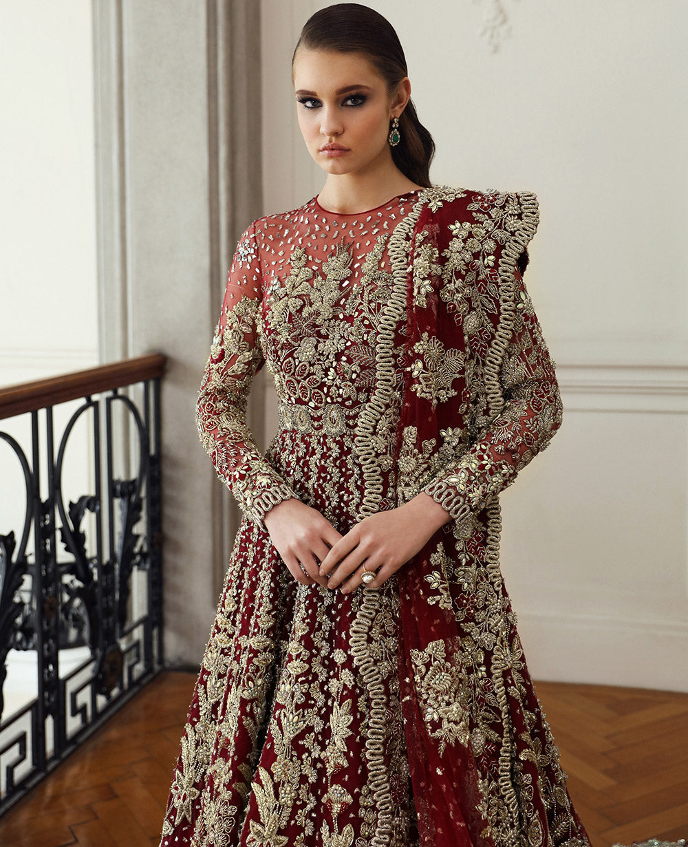 Pakistani Deep Red Embellished Net Bridal Gown (2-Piece) - Image 4