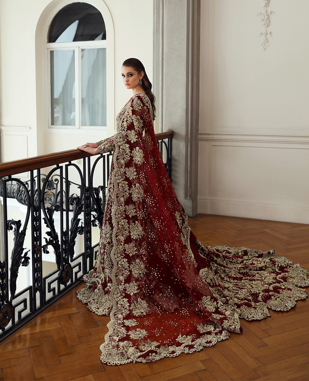 Pakistani Deep Red Embellished Net Bridal Gown (2-Piece) - Image 5