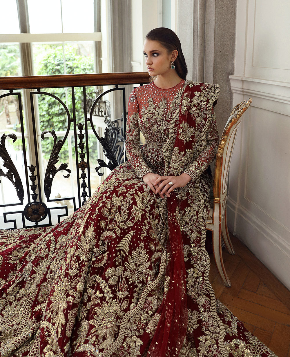 Pakistani Deep Red Embellished Net Bridal Gown (2-Piece) - Image 6