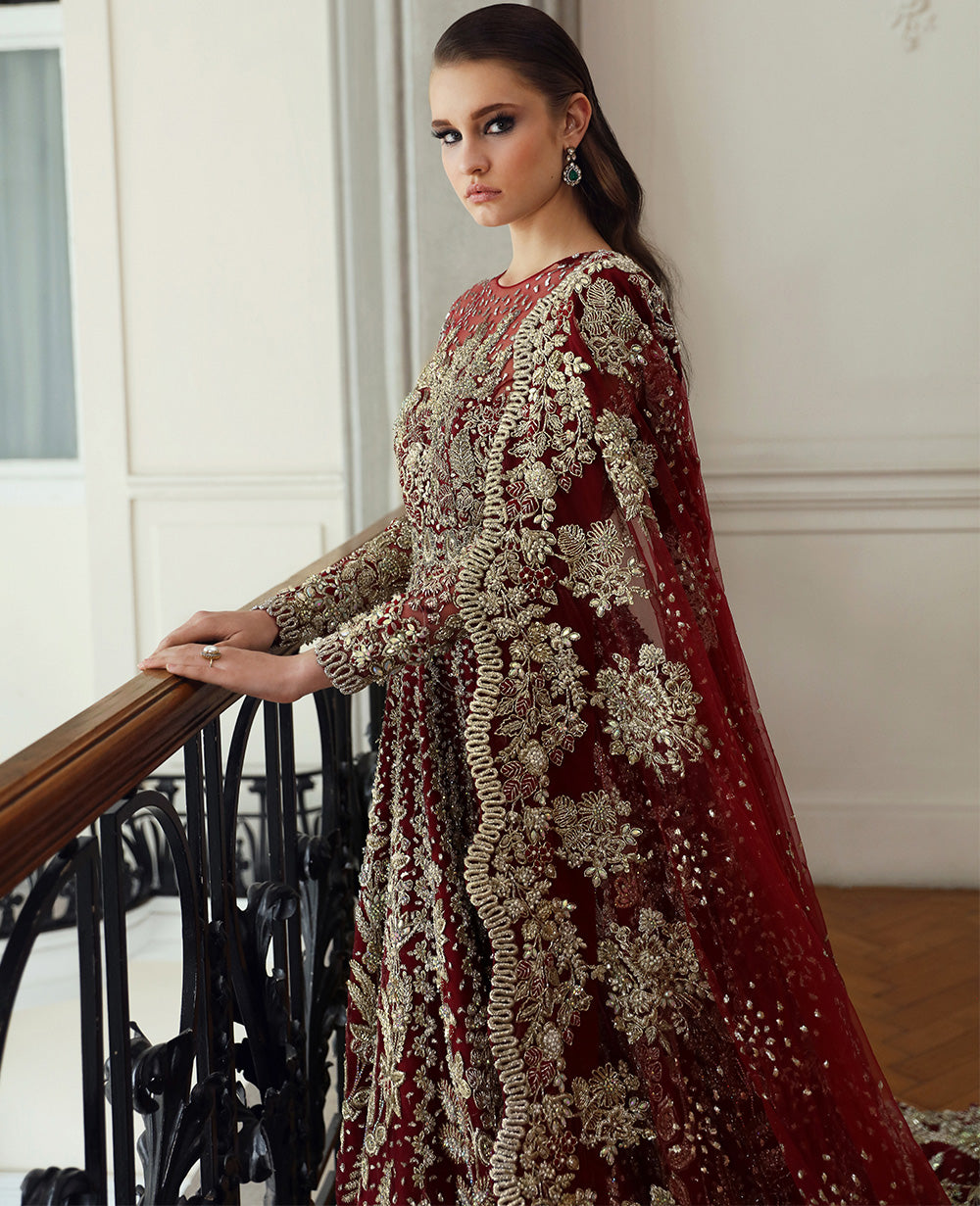 Pakistani Deep Red Embellished Net Bridal Gown (2-Piece) - Image 7